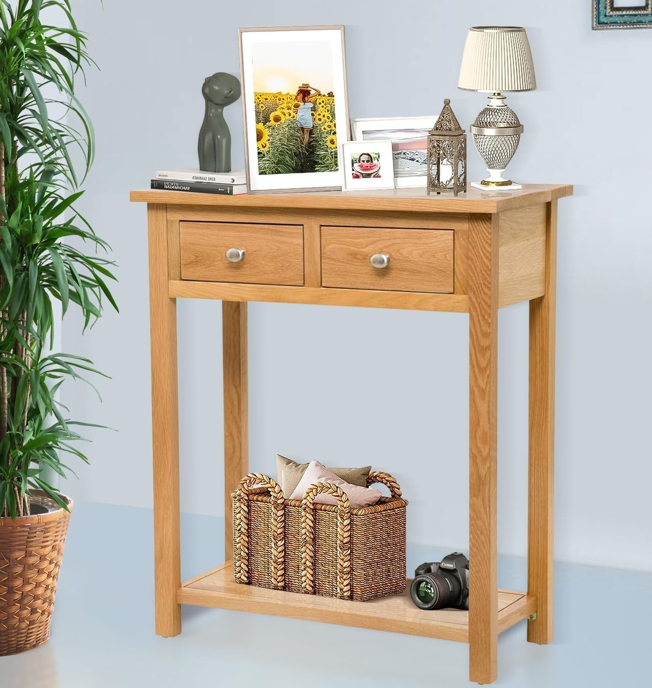 Solid Oak Console Table with 2 Drawers & Lower Shelf Slim Design