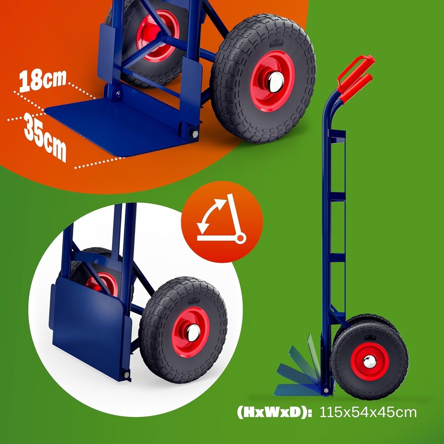 Heavy Duty 200kg Sack Truck w/ Solid PU Tyres & Foldable Shovel Blue Red
