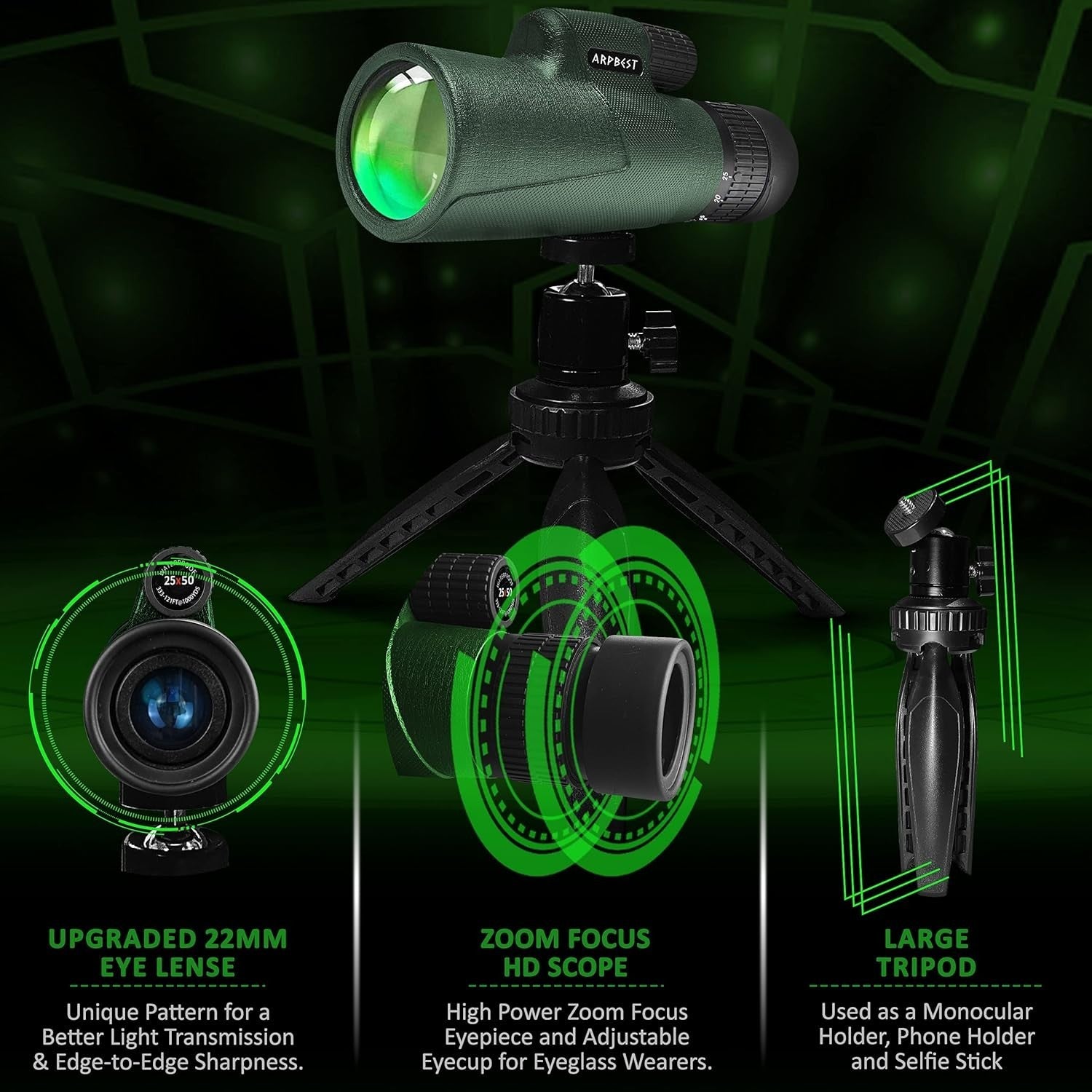 25x50 High Power Monocular with Phone Holder & Tripod BAK4 FMC Zoom Scope