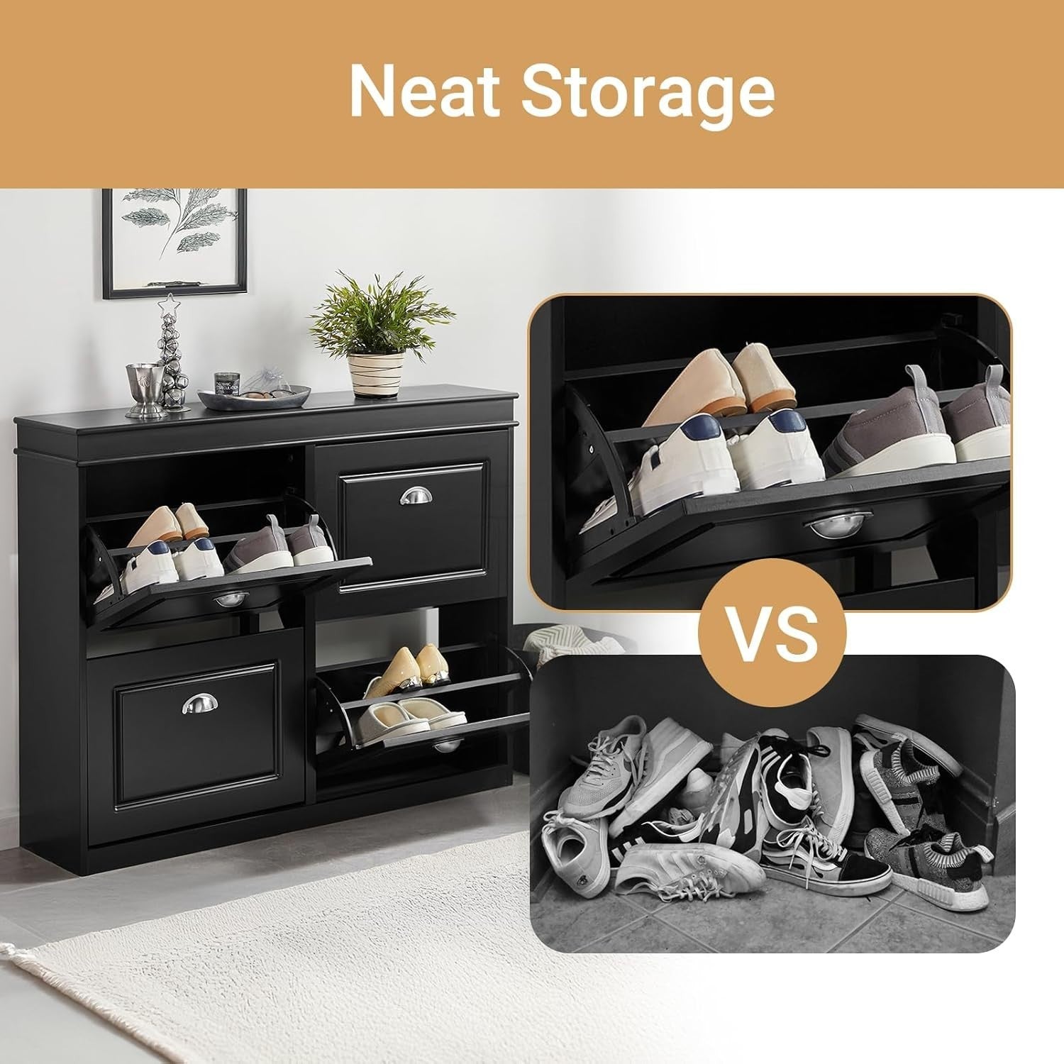 Slim Black Shoe Rack Cabinet with 4 Flip Drawers – Lockable Storage 105x24x82cm