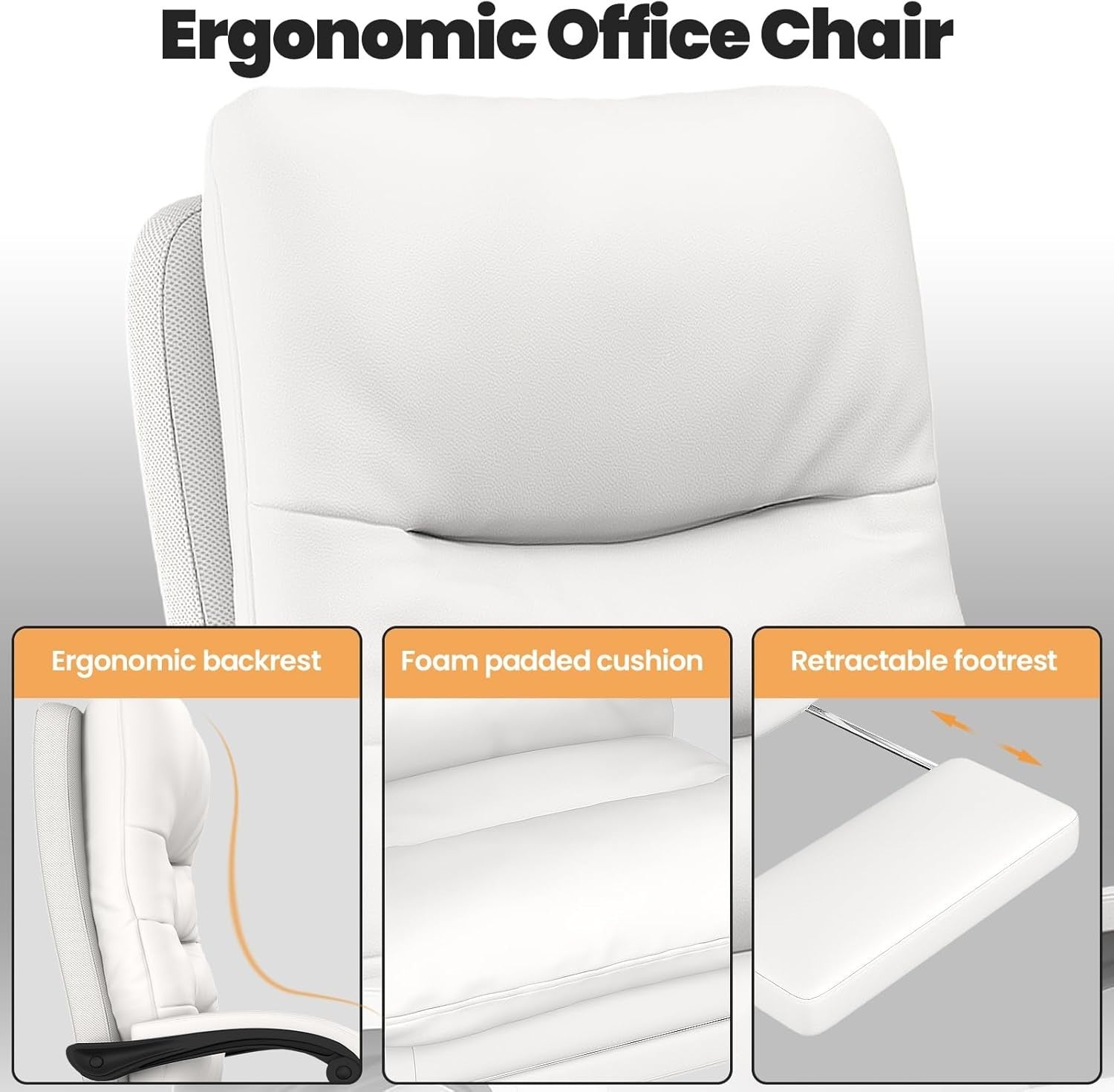 Big & Tall Ergonomic Office Chair Executive Desk Seat Adjustable Foot Rest White