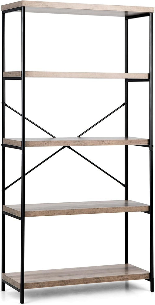 5-Tier Industrial Bookshelf Grey Wood Heavy-Duty Metal Storage Display Rack
