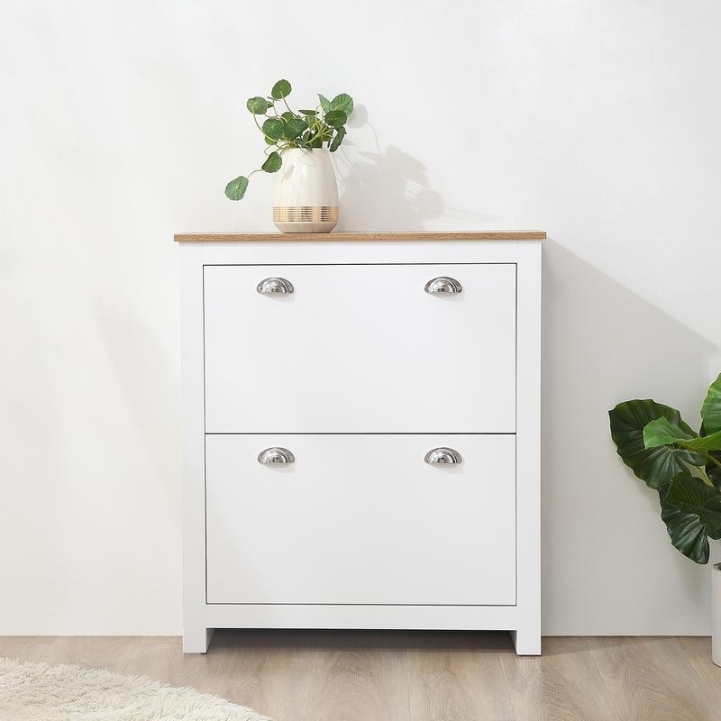 Modern White 2 Drawer Slim Shoe Cabinet with Adjustable Shelves MDF Unit
