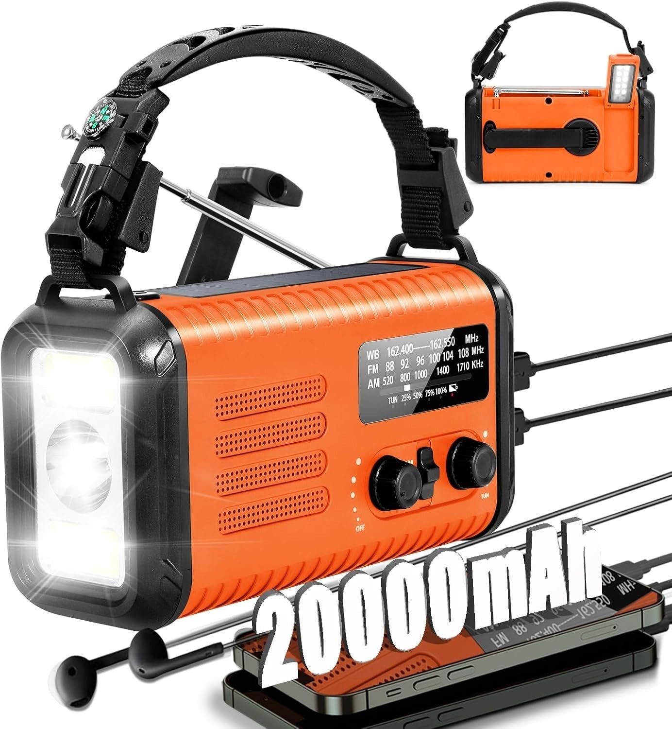 Emergency Solar Hand Crank Radio 20000mAh AM/FM/NOAA Flashlight Orange