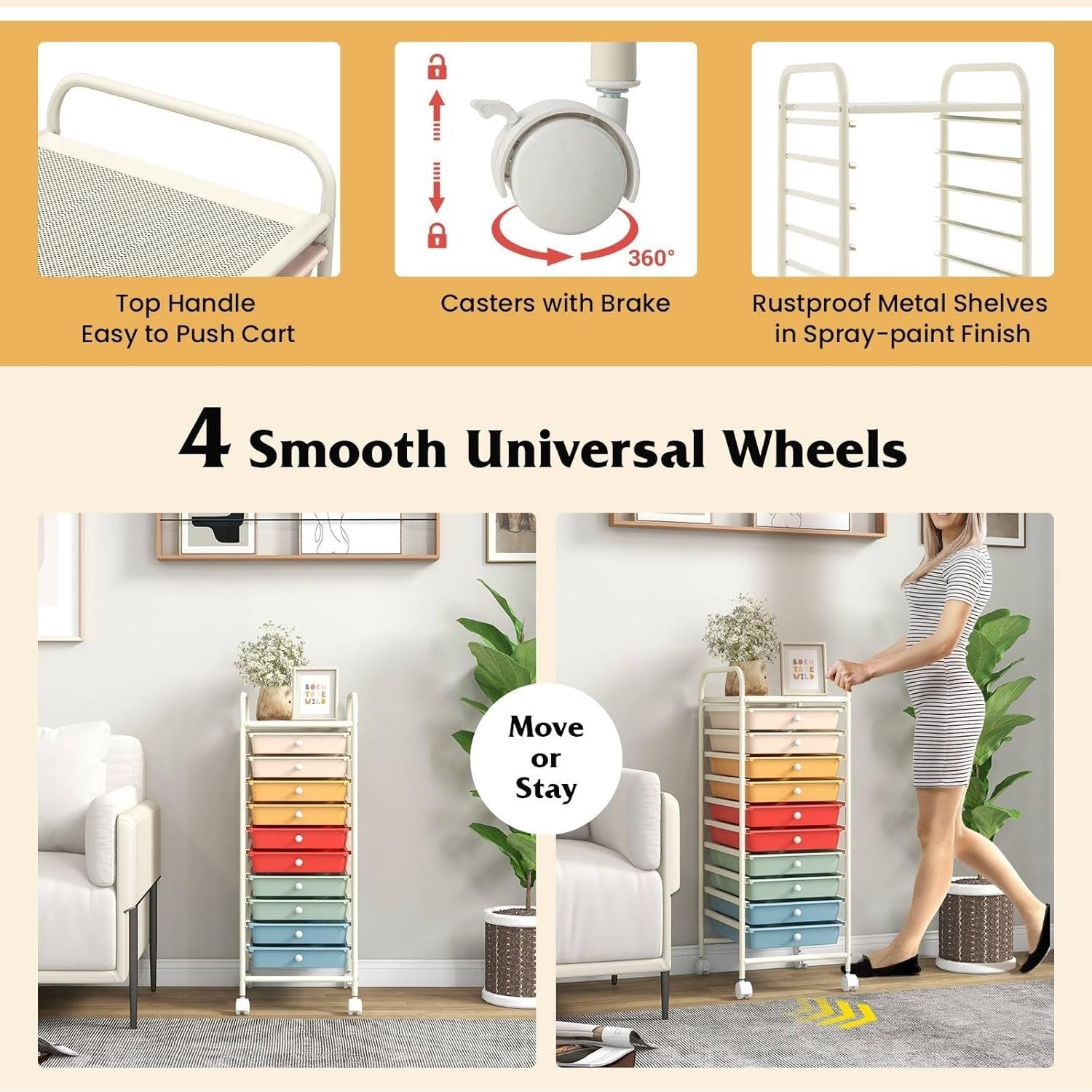 Colorful 10 Drawer Rolling Storage Trolley Utility Organizer Cart Wheels