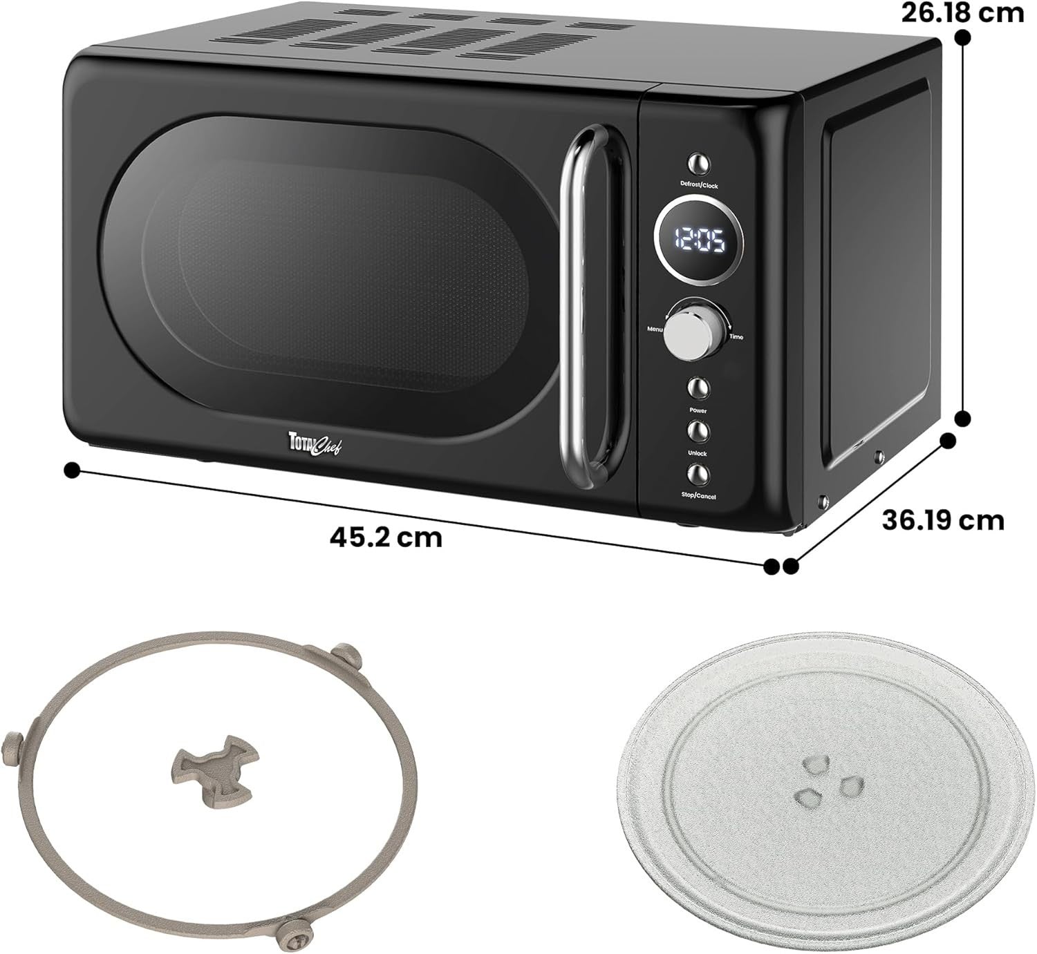 700W Digital 20L Retro Microwave Oven Black LED 8 Modes Glass Turntable