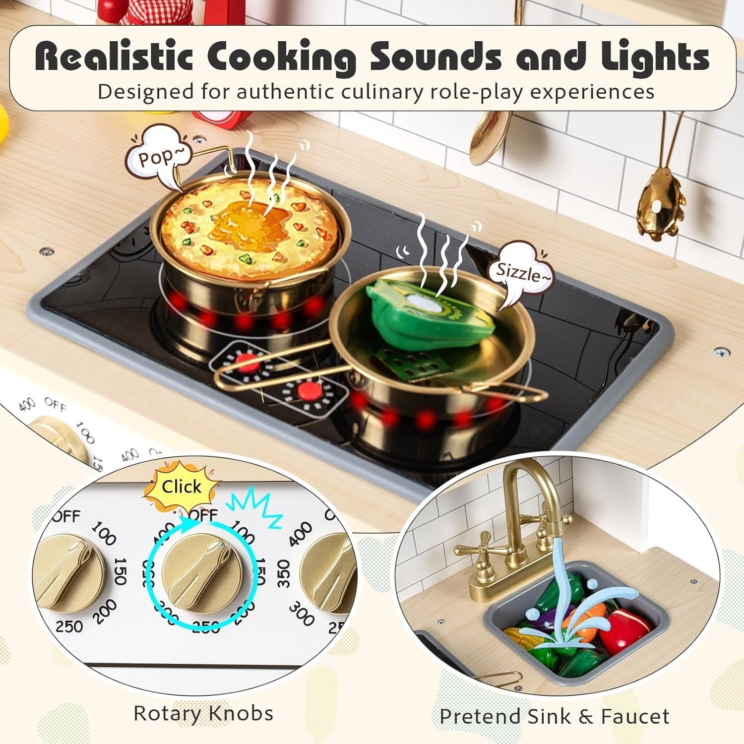 Wooden Kids Play Kitchen White Lights Sounds Coffee Maker Toy Set