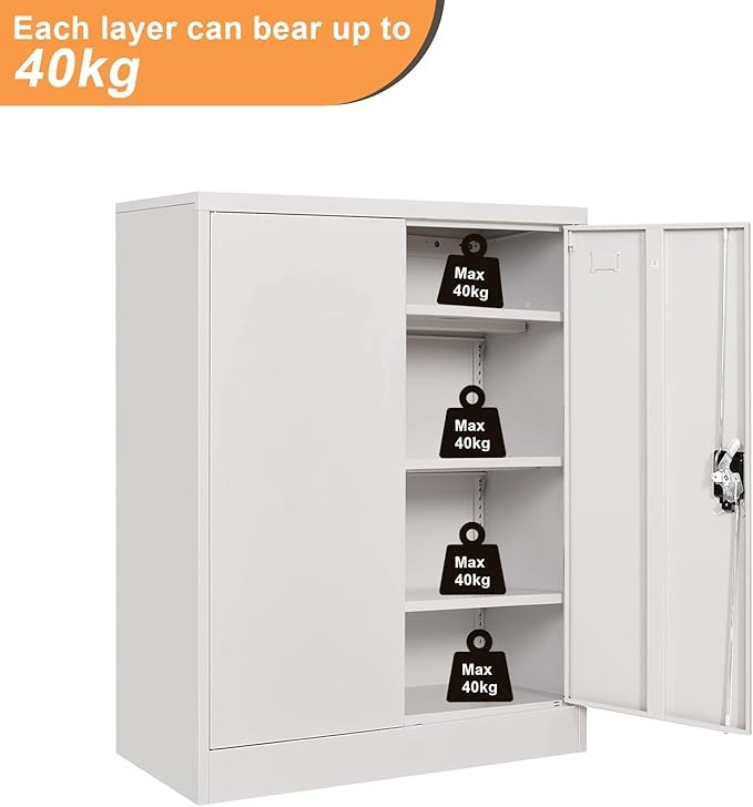 Metal Storage Cabinet with Lock, 3 Adjustable Shelves 109CM Office Cupboard