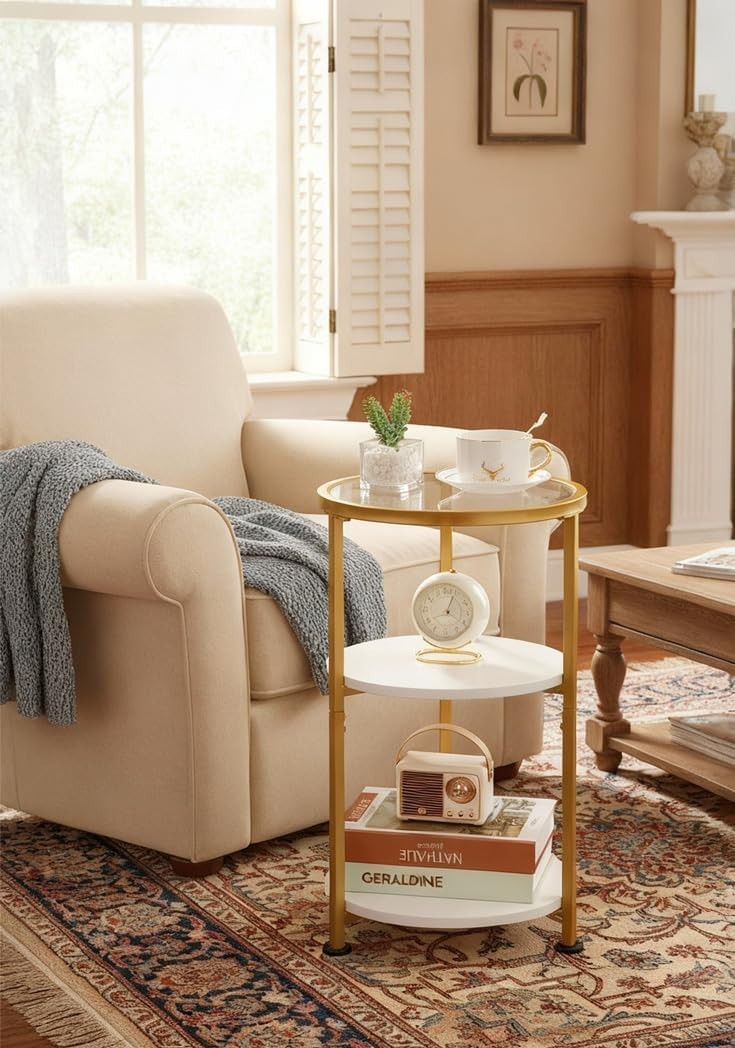 Small Round Glass Side Table with 3-Tier Storage, Tempered Glass & Gold Trim