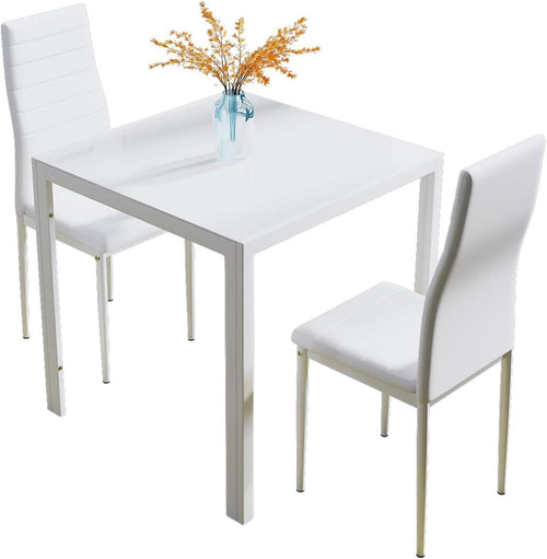 Modern 2-Seater White Glass Dining Table with Faux Leather Chairs