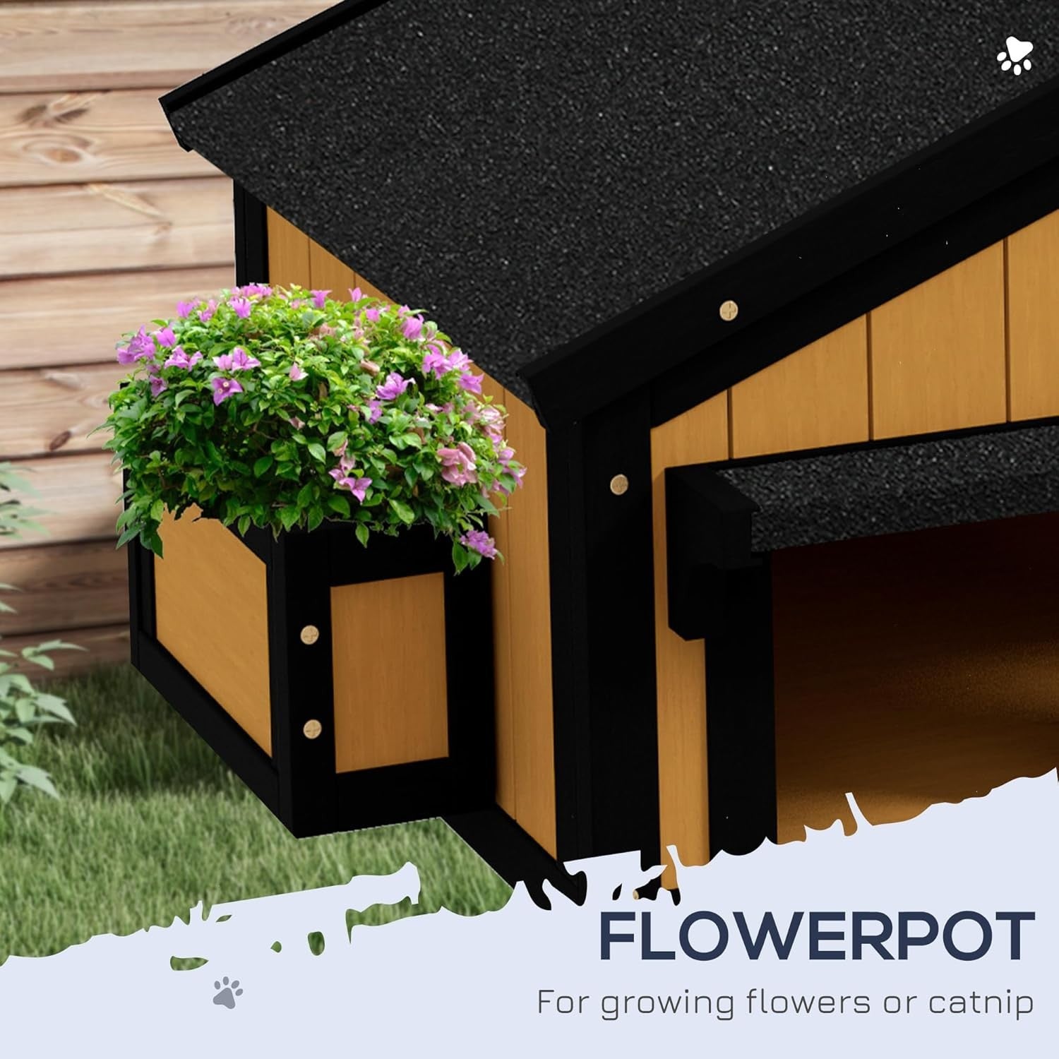 Outdoor Wooden Cat House with Flower Pot, Water-Resistant Roof & Multiple Entran