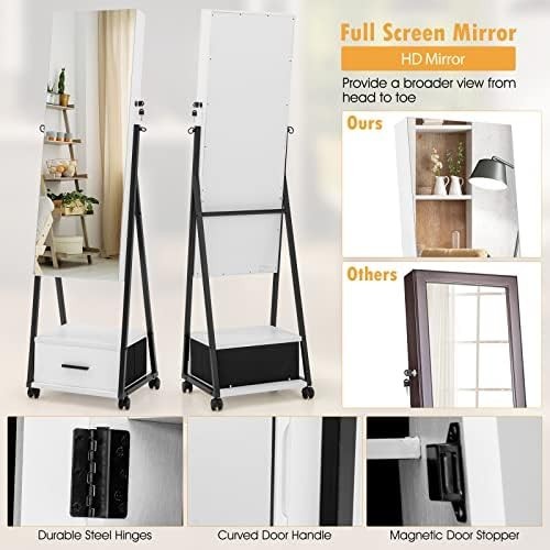 Floor Standing Jewelry Armoire Mirror Lockable Storage Cabinet with Wheels