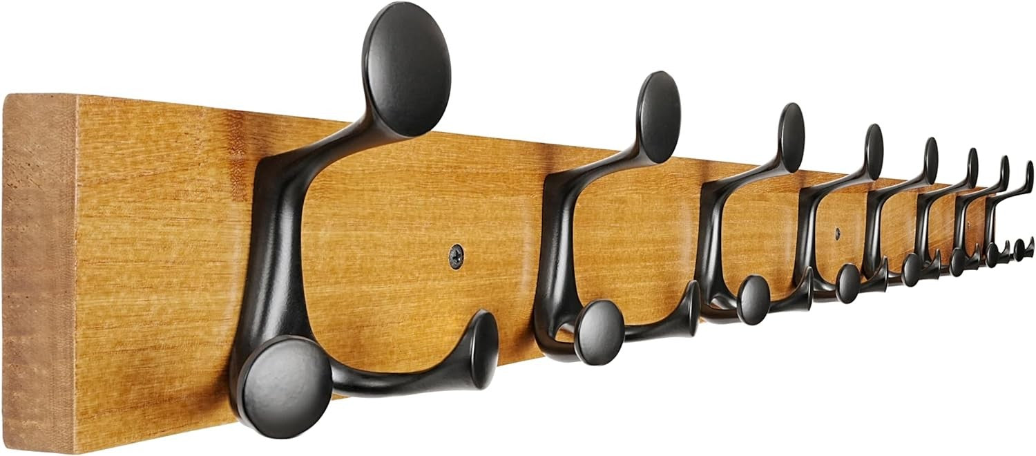 Light Brown Wall Coat Rack 8 Triple Hooks | Rustic Wood Hanging Rail 43