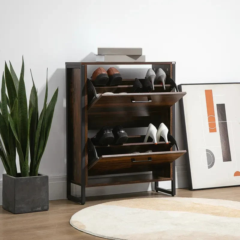 Industrial Shoe Cabinet with 2 Flip Drawers | Slim Rustic Storage Unit