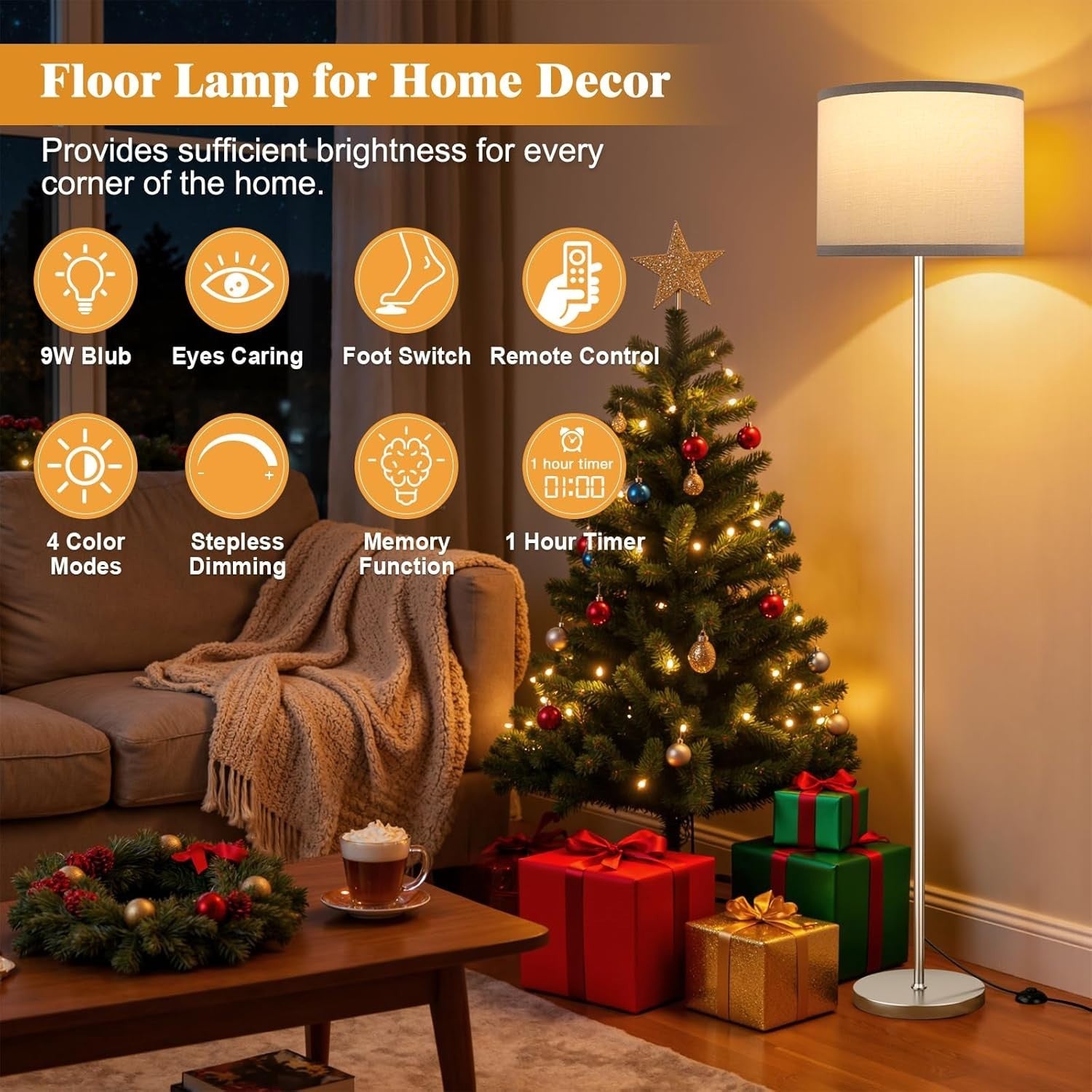Modern Grey Floor Lamp Dimmable with Remote Silver Pole 153cm 9W LED