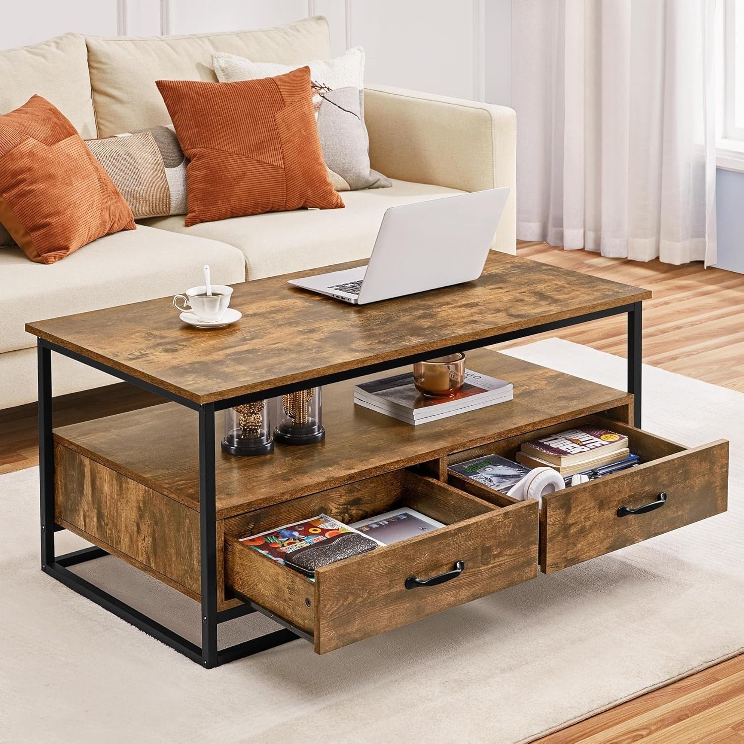 Industrial Coffee Table with Storage Drawers, Rustic Wood, Metal Frame 100cm