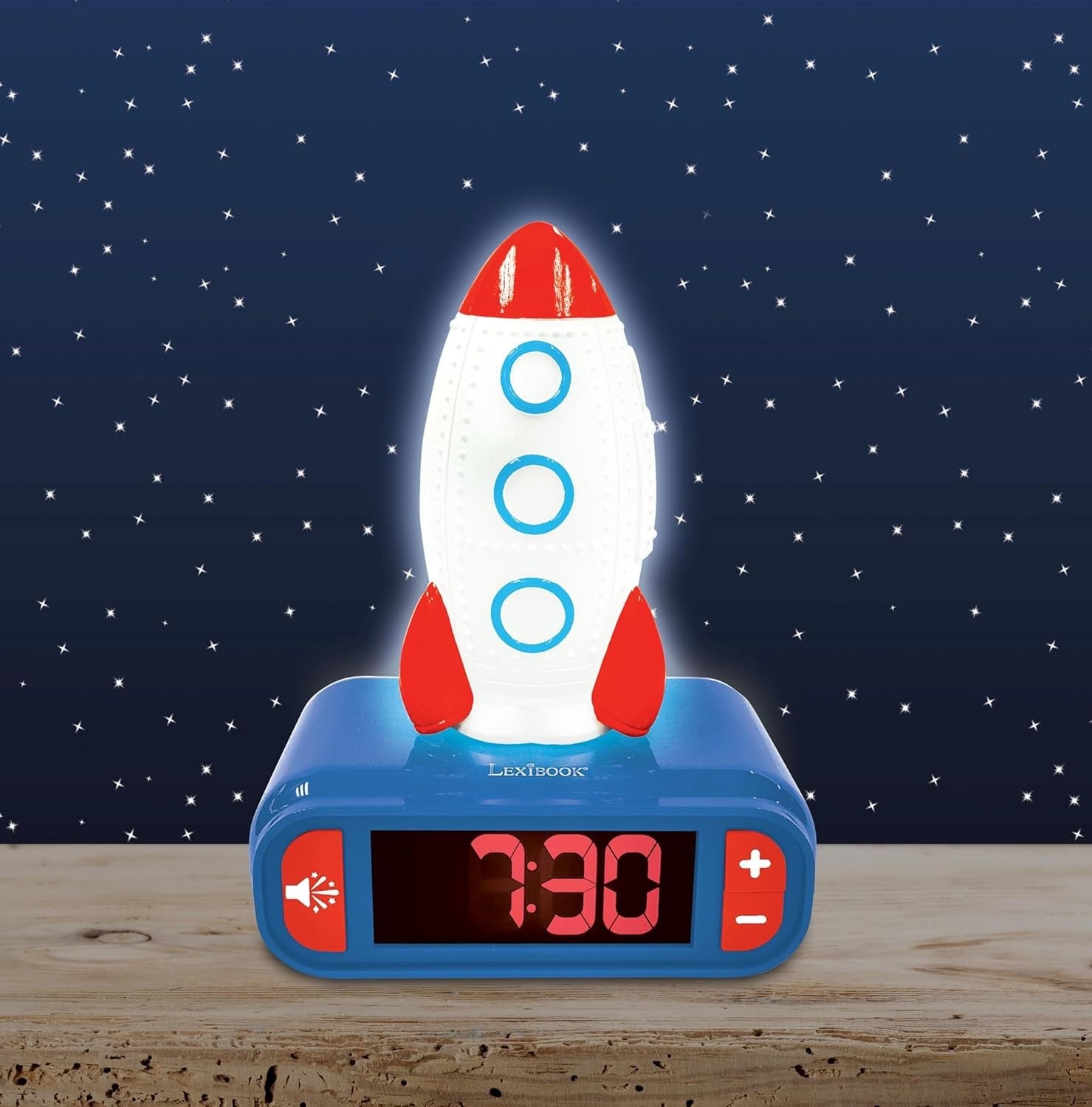 Kids Rocket Alarm Clock Night Light LCD Snooze Sound Effects Bedside Blue
