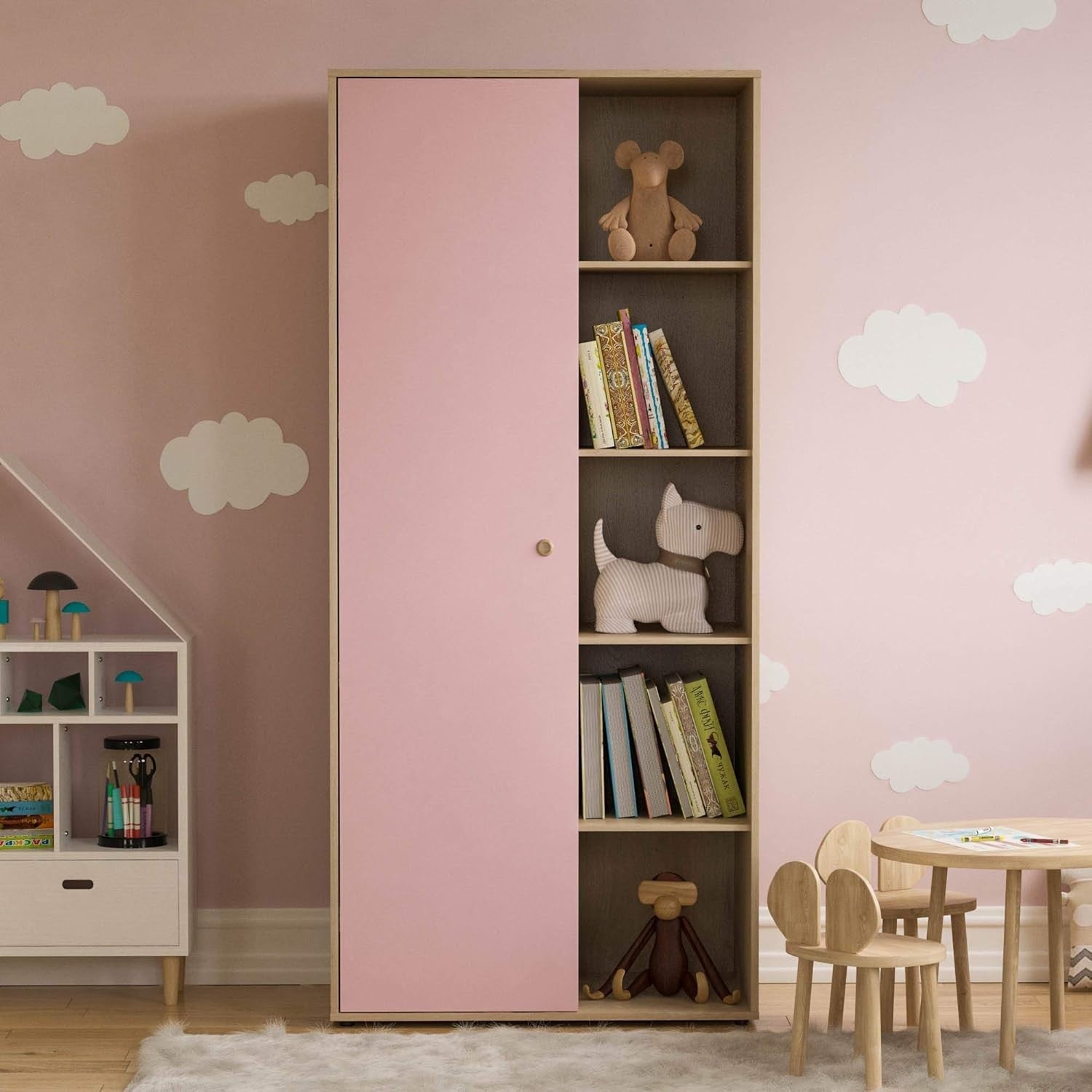 Kids 1-Door Wardrobe with Clothes Rails & Shelves – Durable Pink & Oak Storage