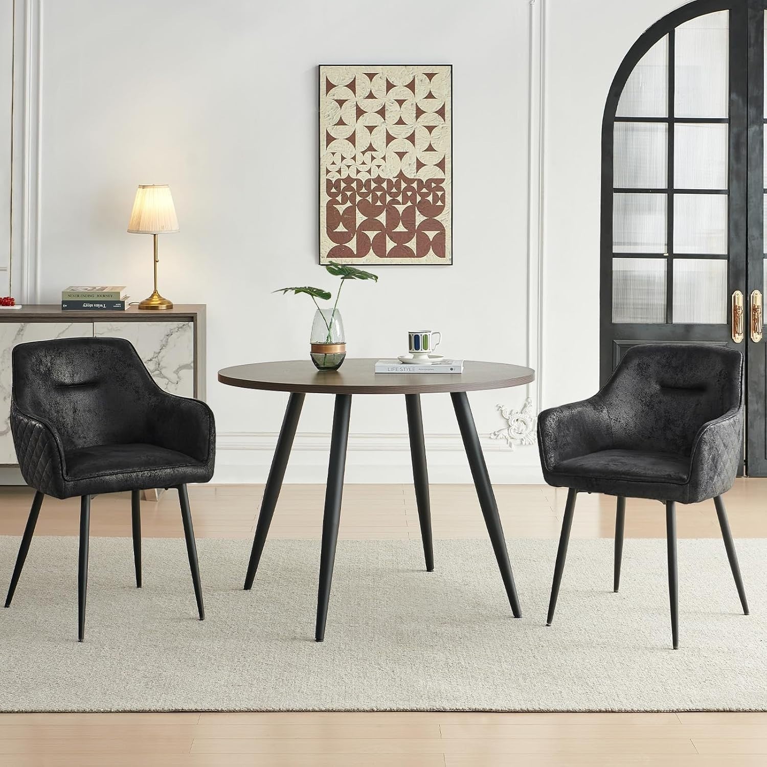 Round Dark Walnut Dining Table Set with 2 Black Faux Suede Chairs Kitchen