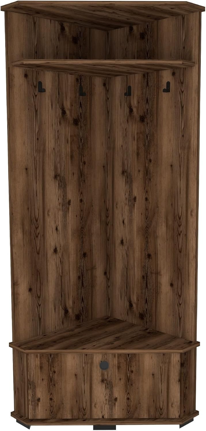 Corner Hall Tree with Coat Hooks, Shoe Bench & Storage Cabinet, Space-Saving