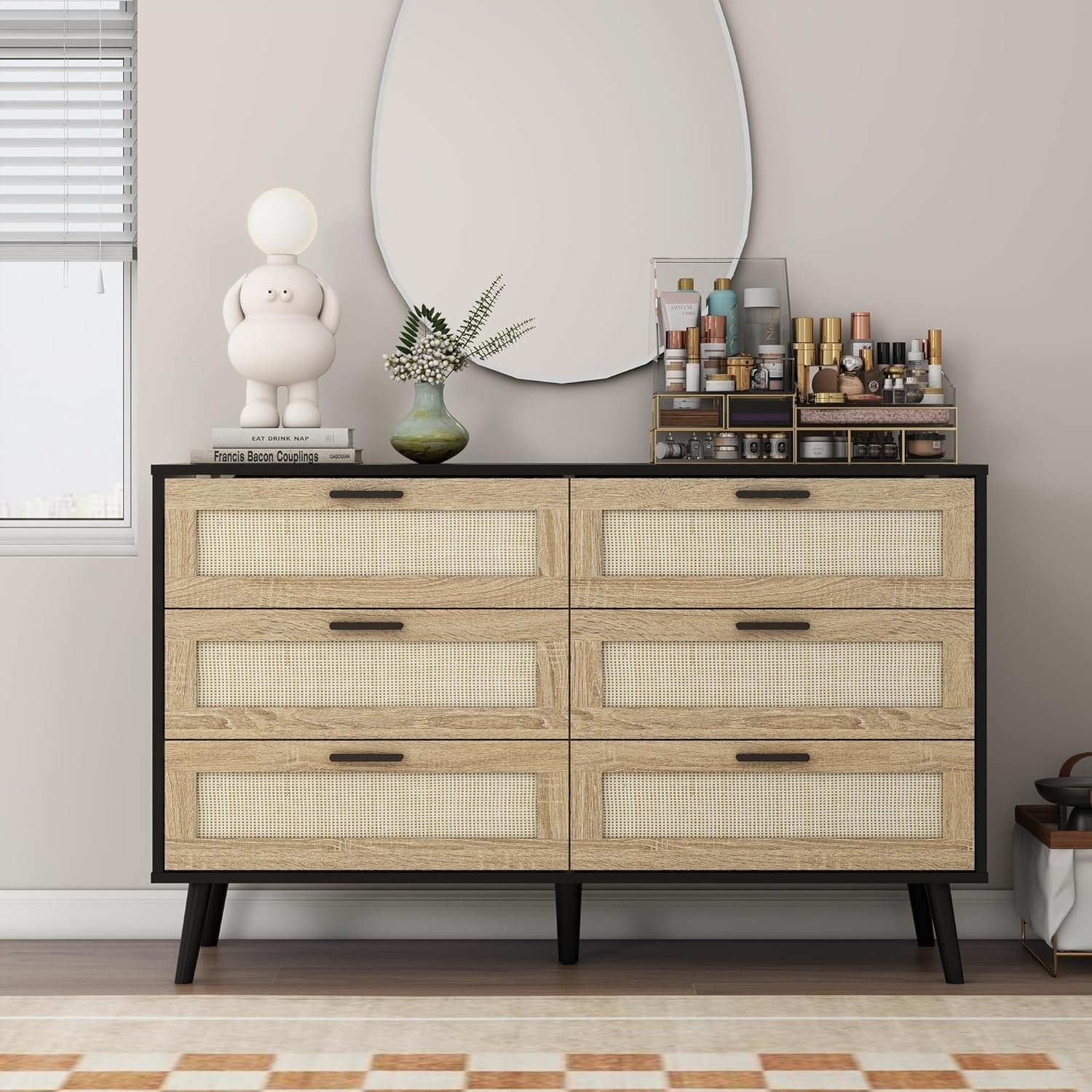 Black Rattan Chest of Drawers 6 Drawer Storage Cabinet for Bedroom