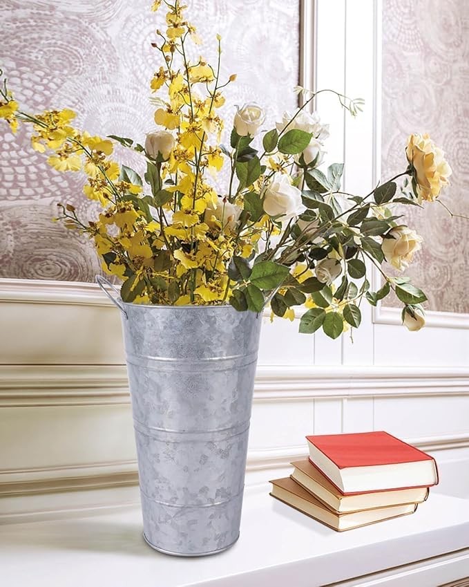 12 Inch Silver Galvanized Metal Flower Vases Set of 2 Rustic Bucket Planters