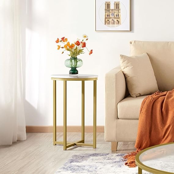 Round Marble Side Tables Set of 2, Gold Metal Frame, Modern X-Base Sofa