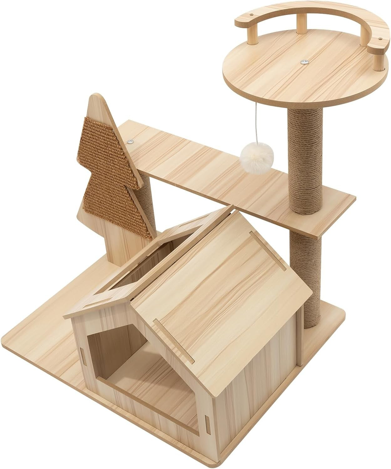 Beige Wooden Cat Tree Play Tower with House Jute Scratching Post 71cm
