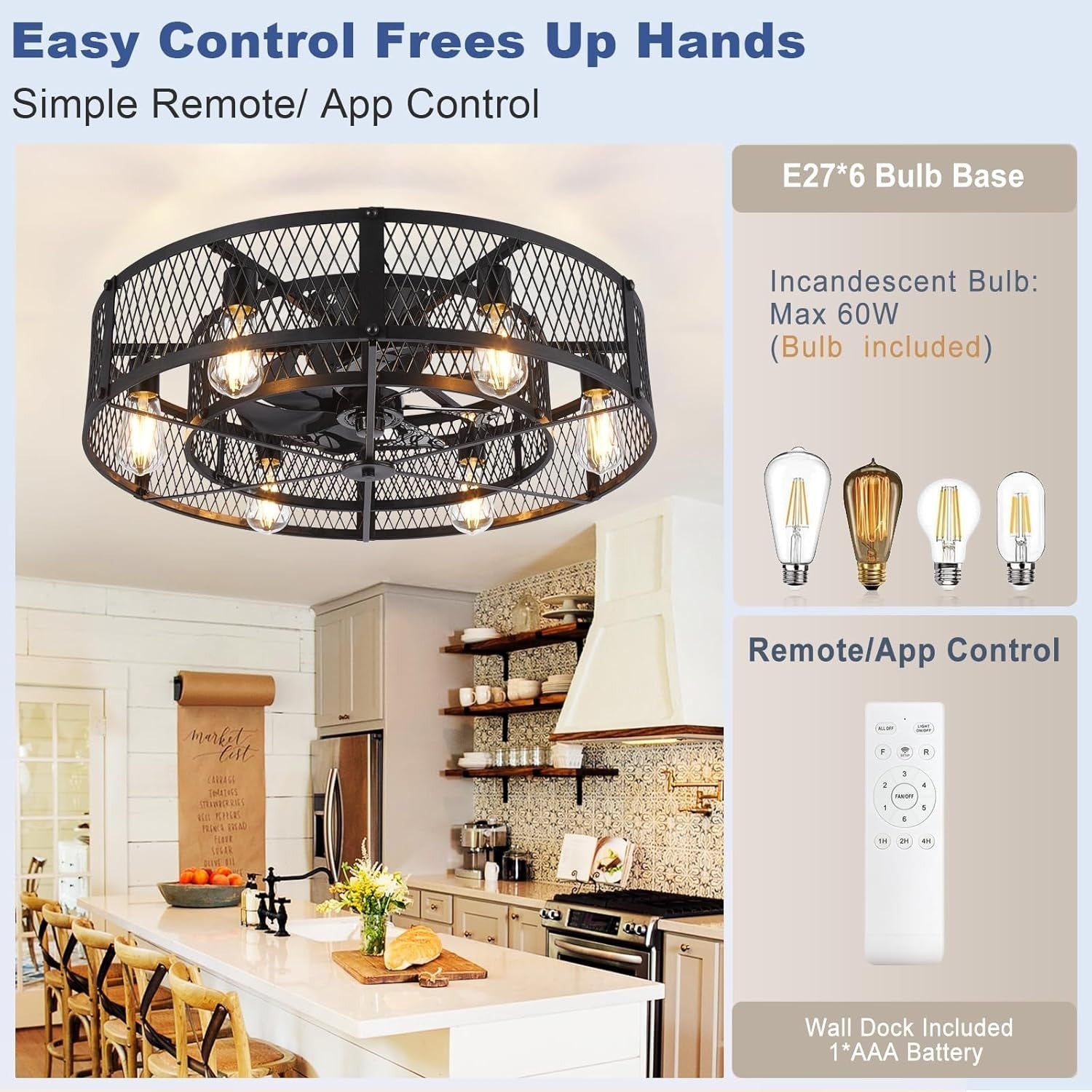 26" Caged Ceiling Fan with Light Farmhouse Style Remote DC Motor