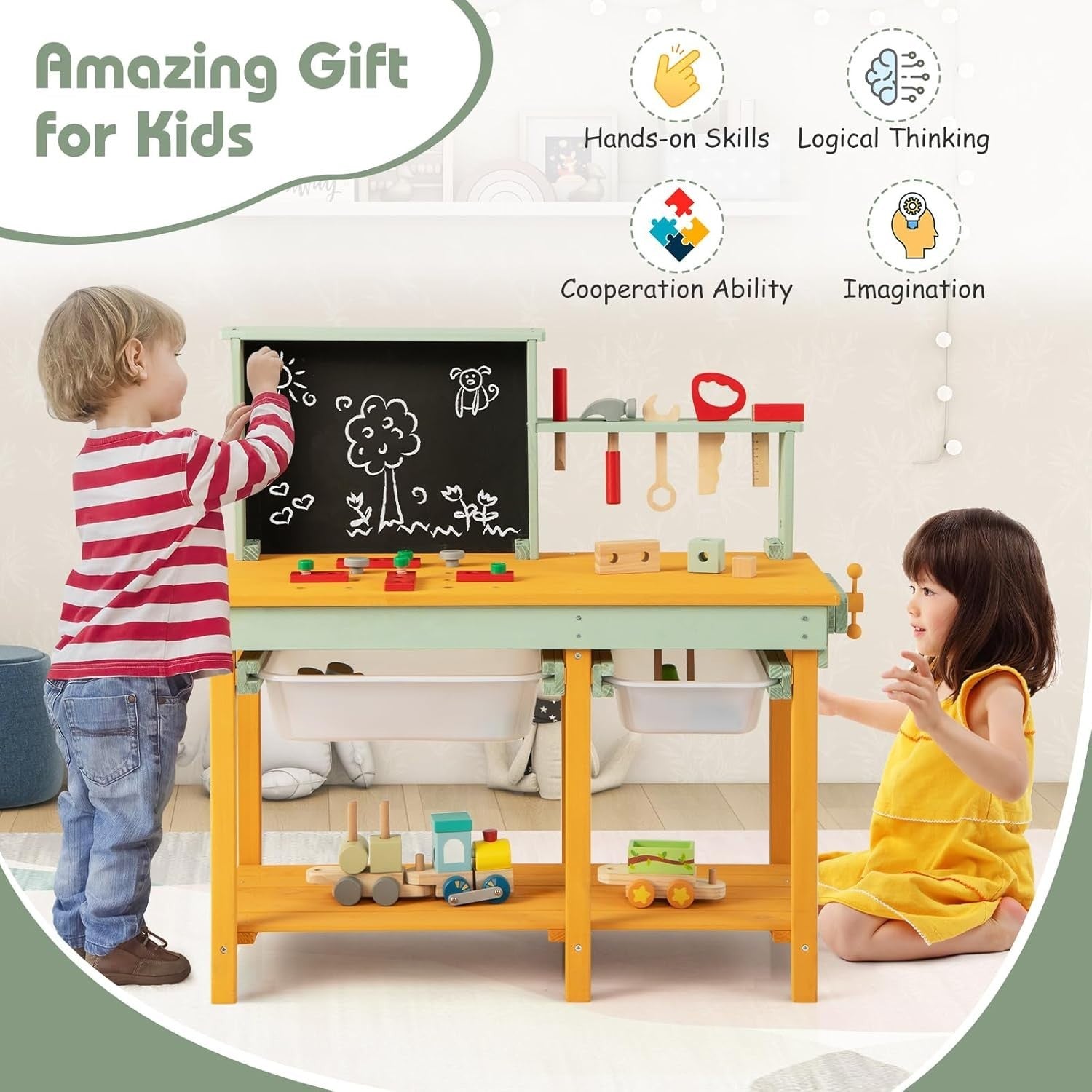 Wooden Kids Workbench Tool Set w/ Chalkboard Baskets Storage Pretend Play