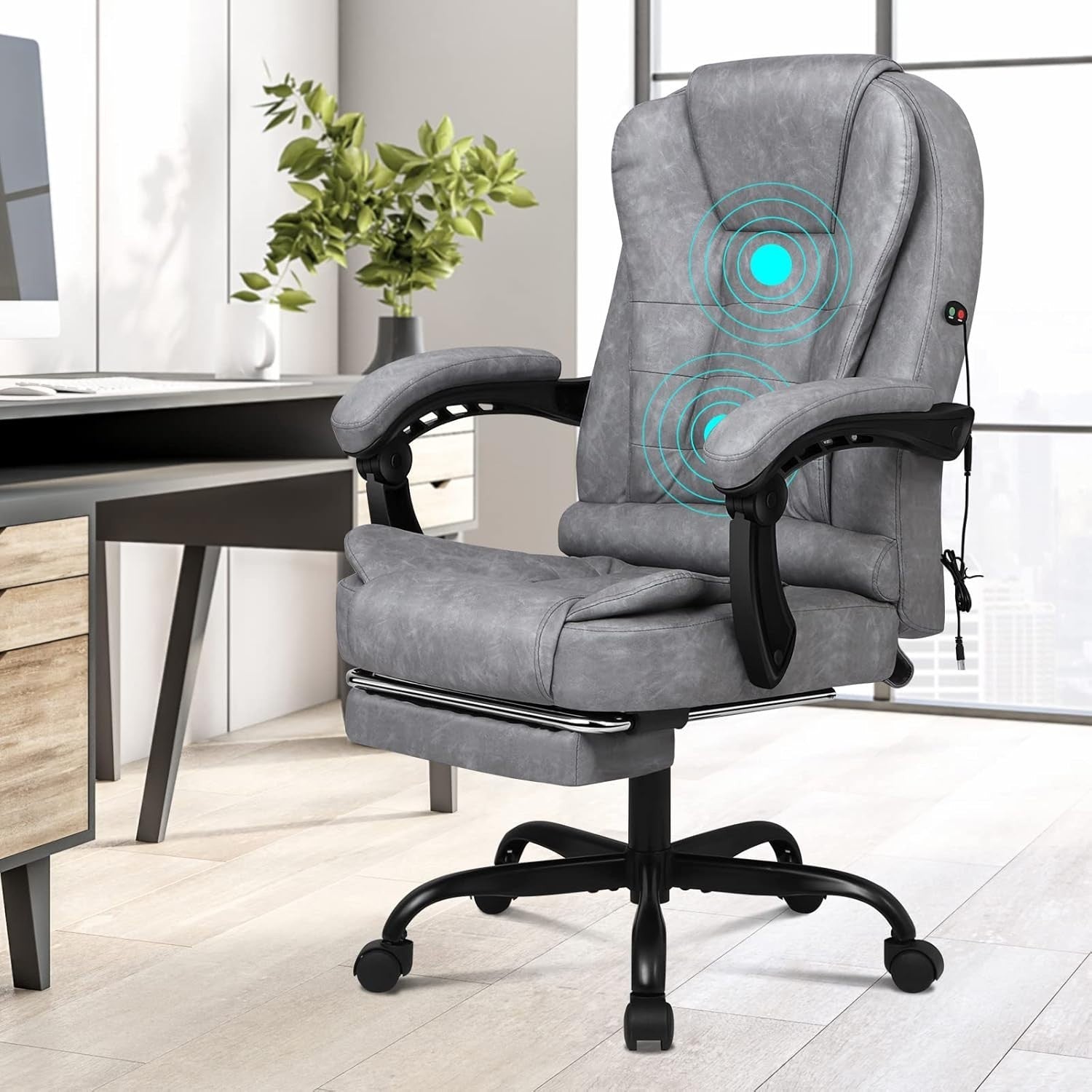 Grey Massage Office Chair Recliner Footrest Ergonomic PU Leather Swivel