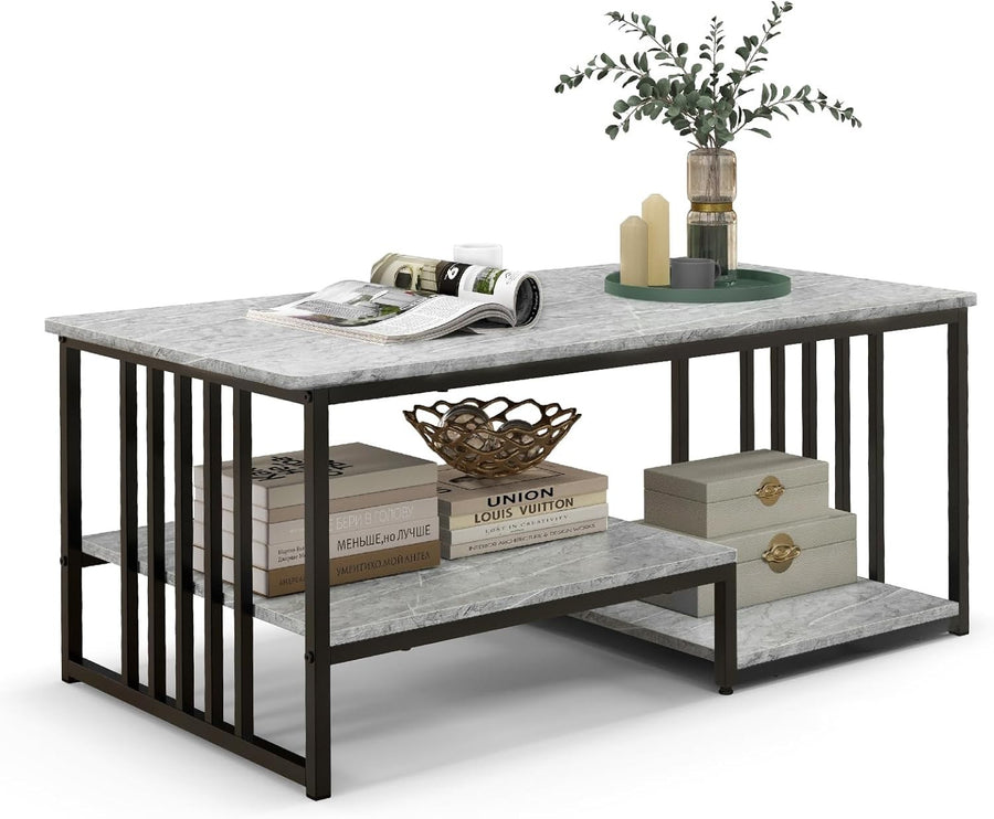 3-Tier Faux Marble Coffee Table with Storage Shelves & Sturdy Metal Frame