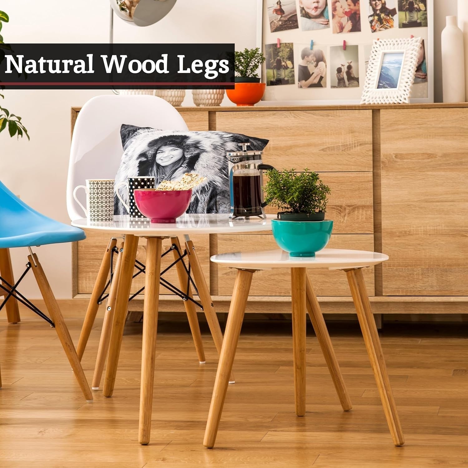 Oval White High Gloss Nesting Coffee Tables Set of 2 Scandinavian Wood Legs