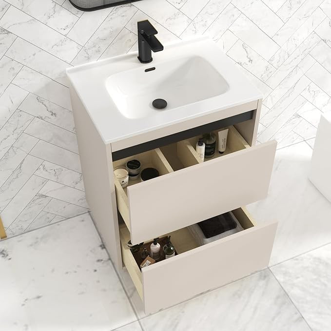 600mm Beige Floor Standing Vanity Unit with Basin Sink 2 Drawer Cabinet Modern