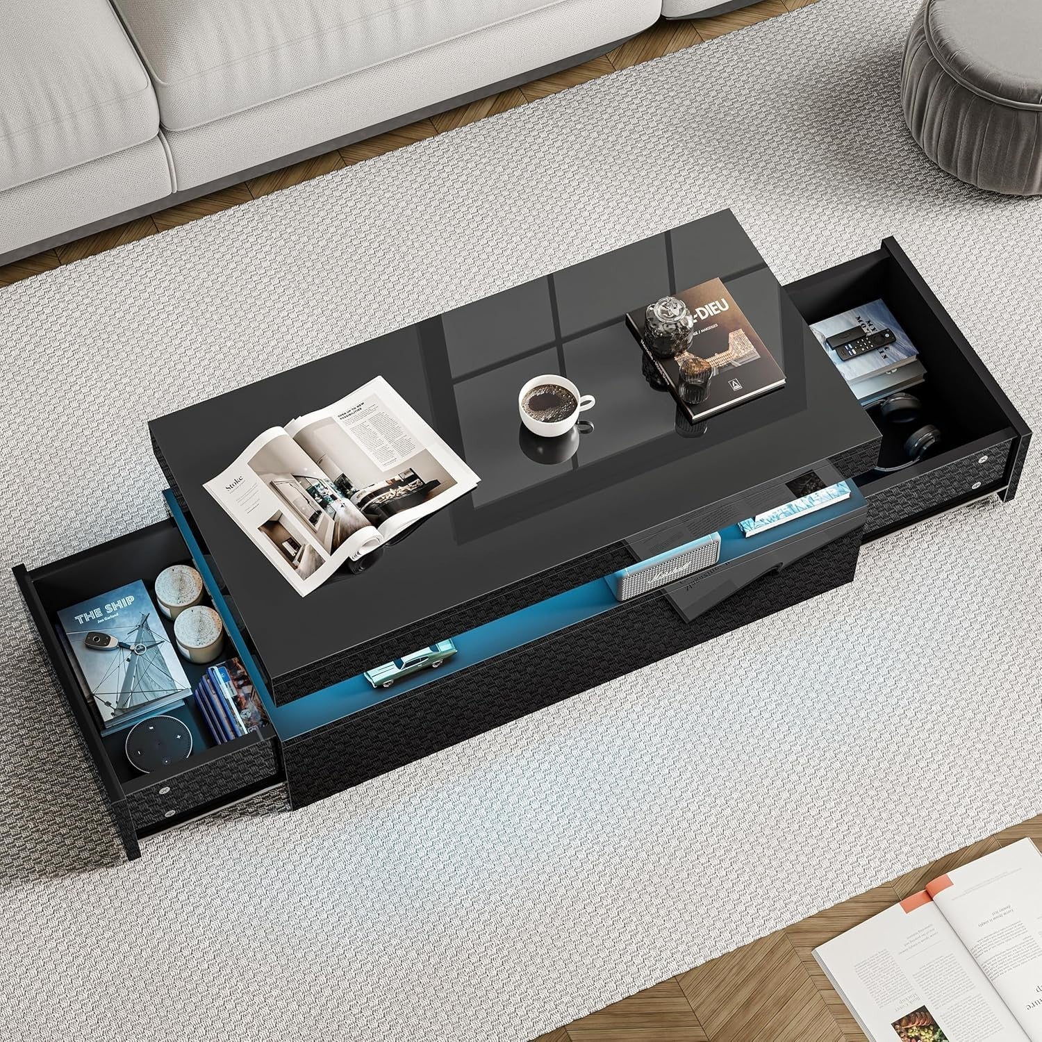 High Gloss Rectangle Coffee Table with 2 Drawers & RGB LED Lights 94x47x38cm