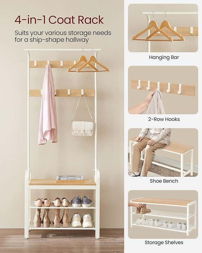 Oak & Cream Coat Rack with Shoe Bench | 4-in-1 Hallway Storage Unit with 9 Hooks