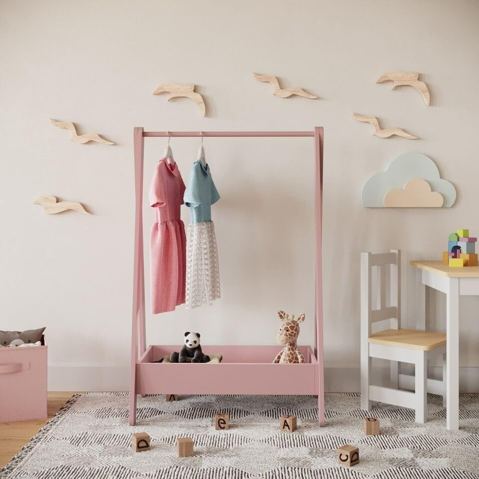Kids Wooden Dress Up Clothes Rail with Shelf – Pink