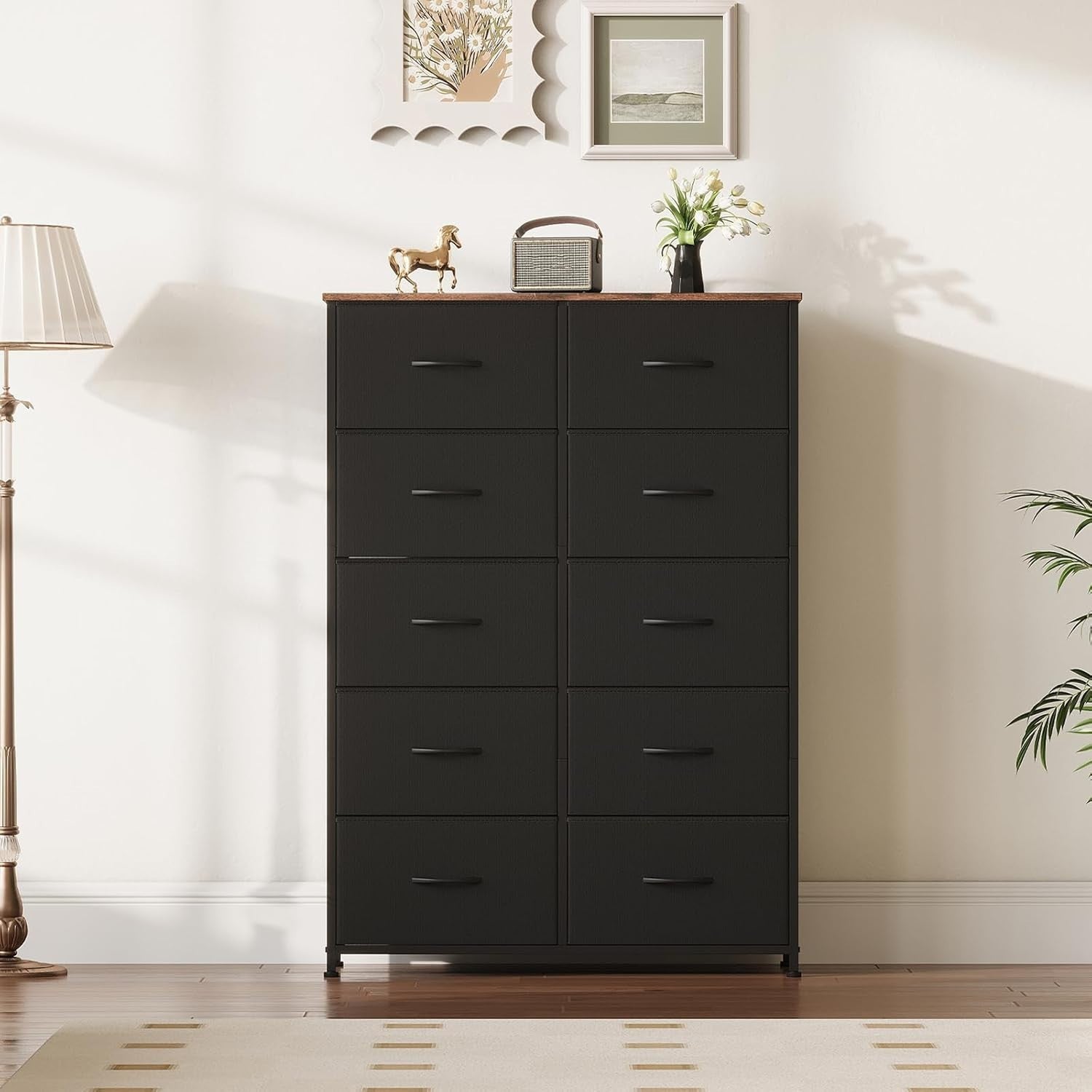 Tall 10 Drawer Fabric Dresser Storage Cabinet Black Wood Bedroom Organizer