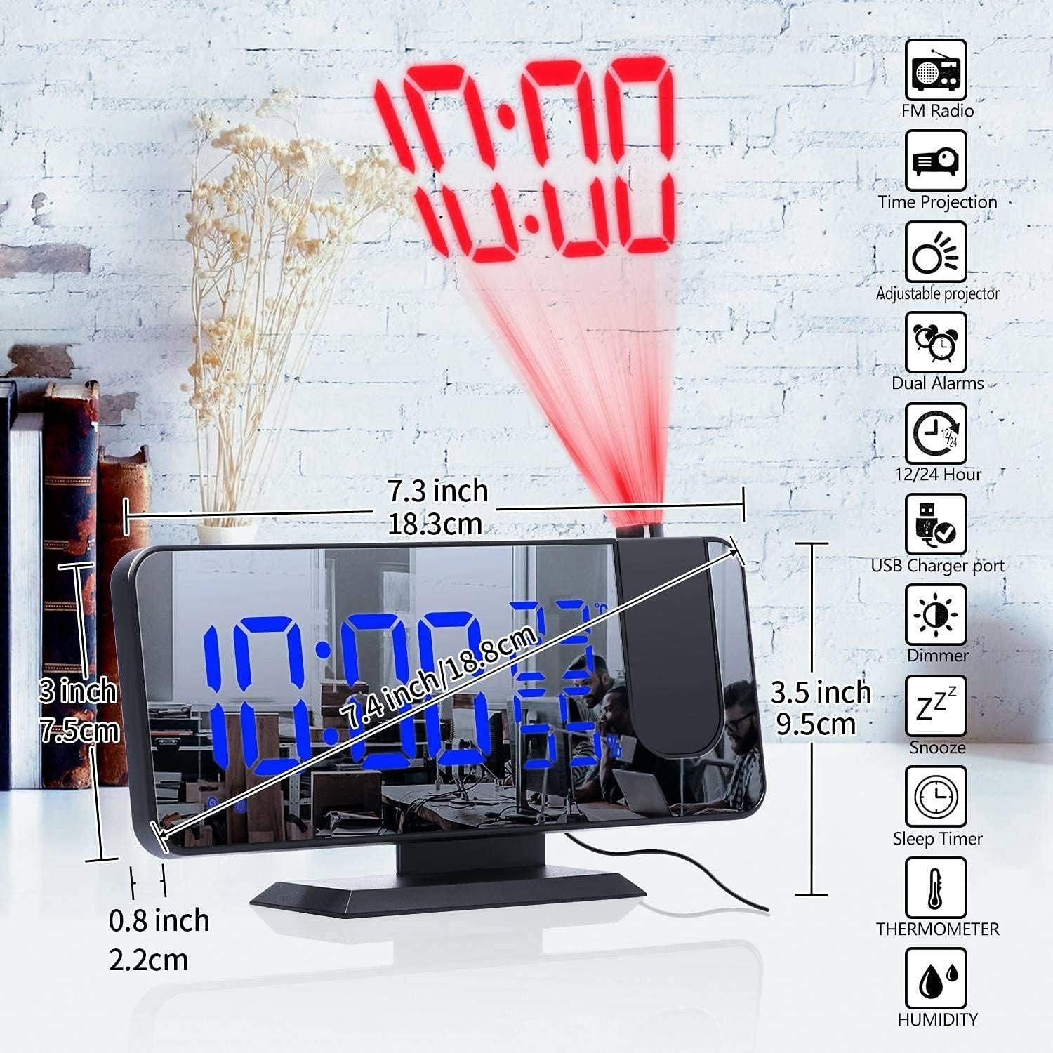 Black Projection Alarm Clock FM Radio USB Charger LED Temperature Display