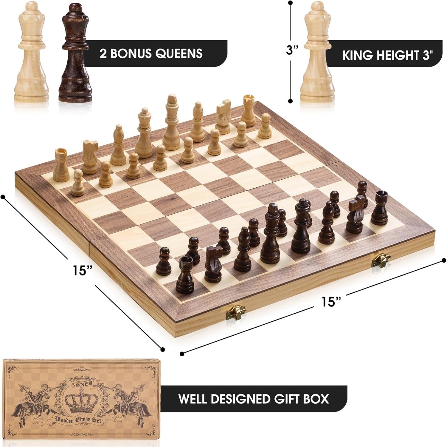 15" Magnetic Wooden Chess Set Folding Staunton Board with Storage & Bag