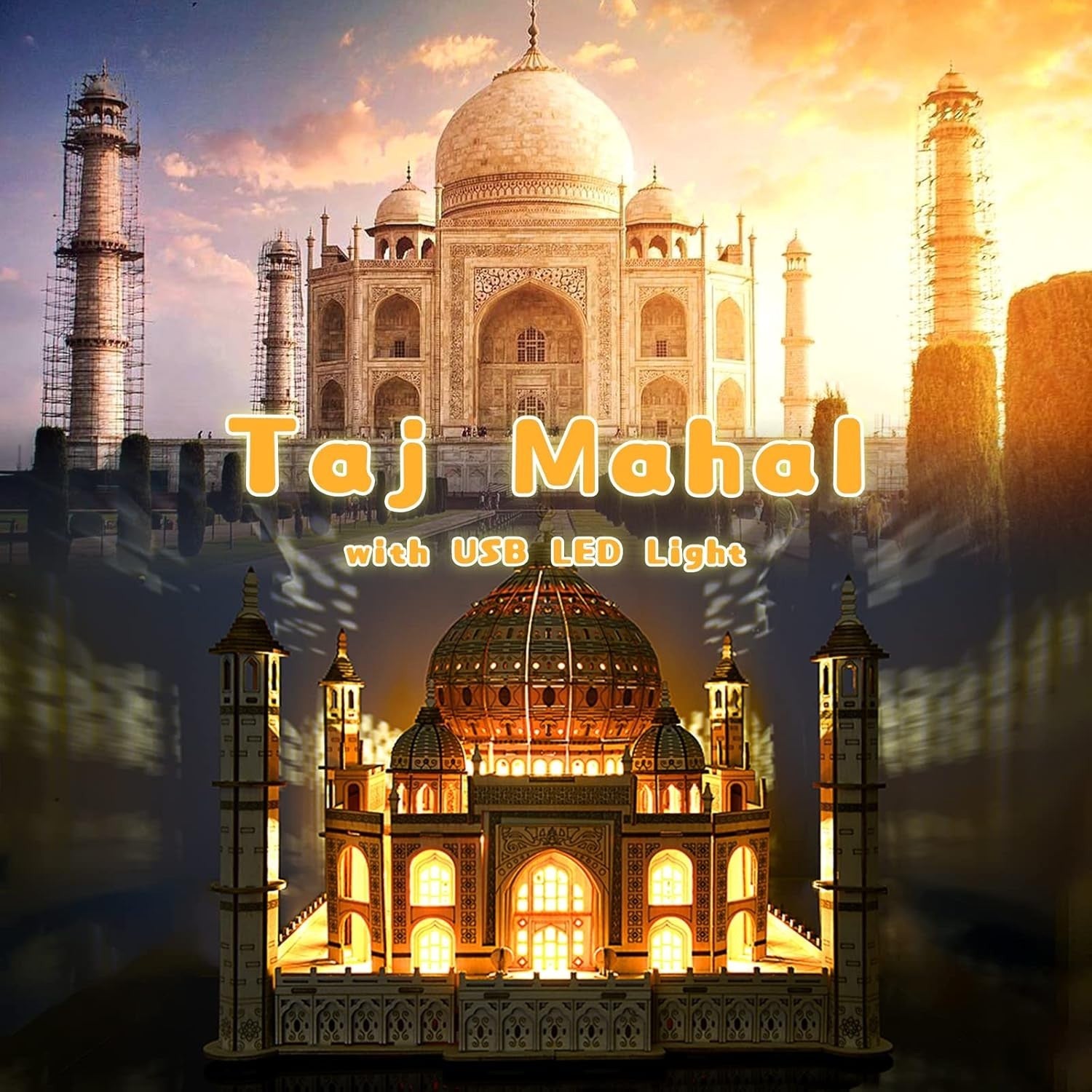 3D Wooden Taj Mahal Puzzle with LED Light, DIY Architectural Model Kit, 388 PCS
