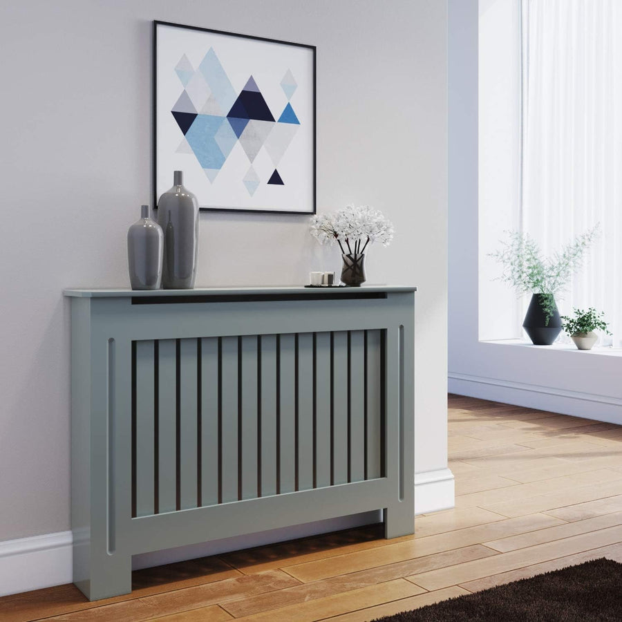 Medium Grey Radiator Cabinet with Shelf | Vertical Slat MDF Heater Cover