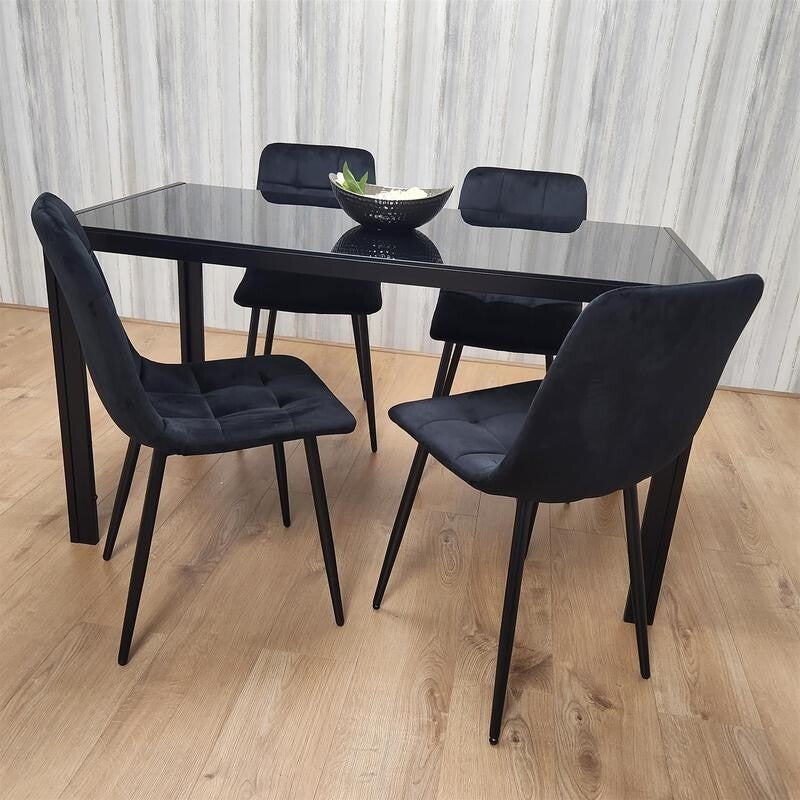 Black Glass Dining Table Set with 4 Chairs Modern Kitchen Dining Room