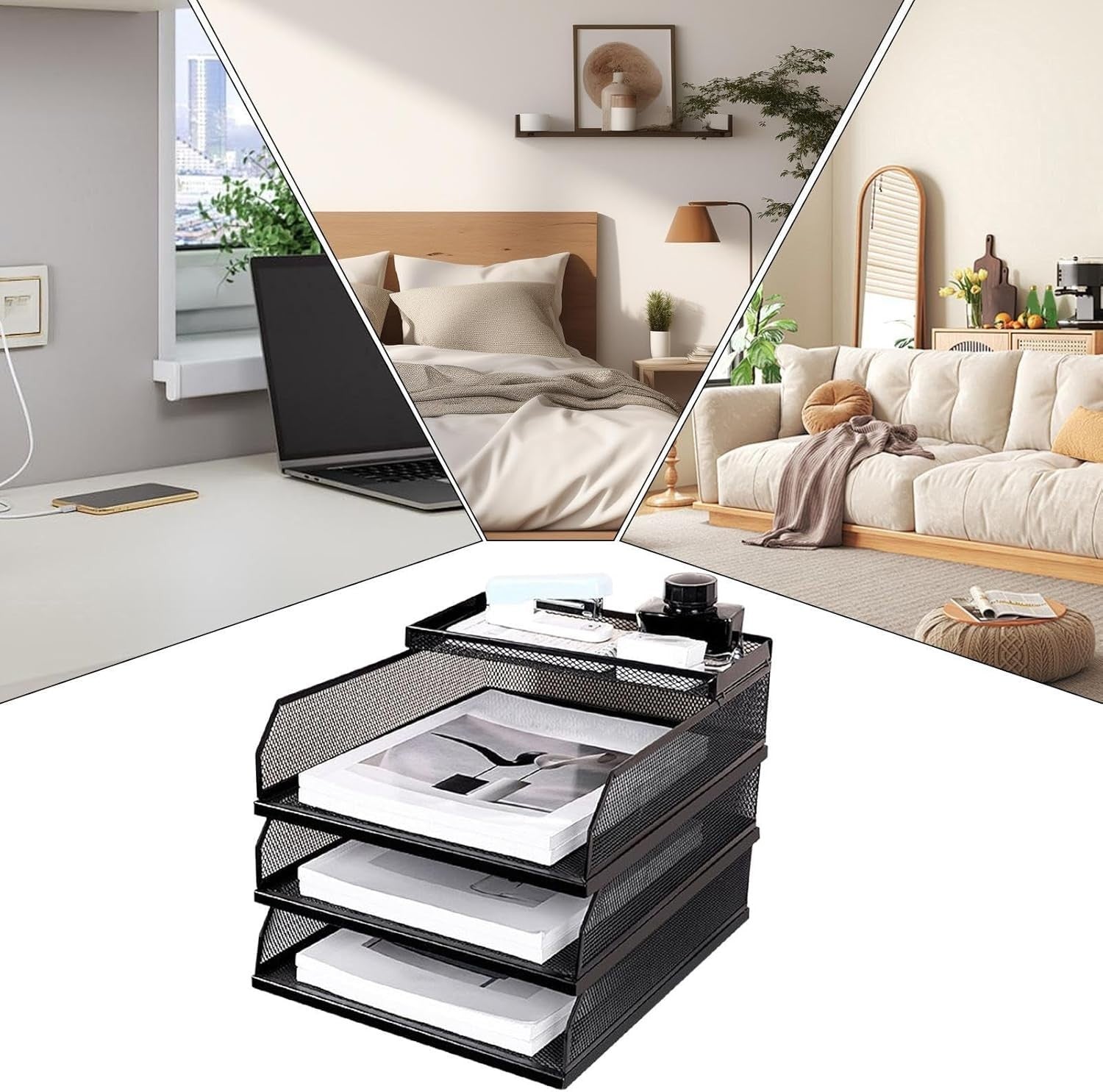Desk File Organizer Vertical Mesh Paper Tray | 3-Layer Stackable Office Storage