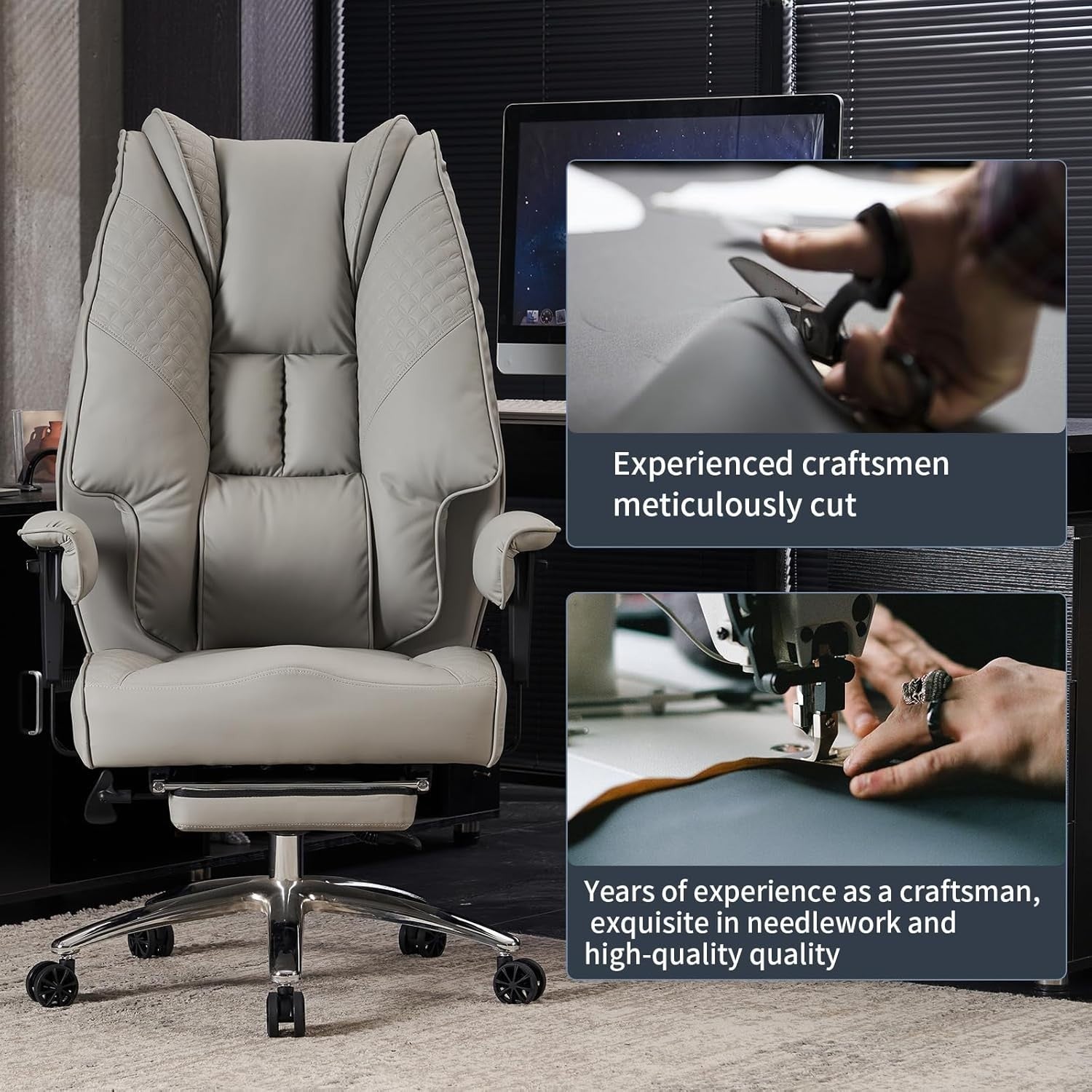 Heavy Duty Big Tall Office Chair PU Leather Oversized Desk Seat Light Grey