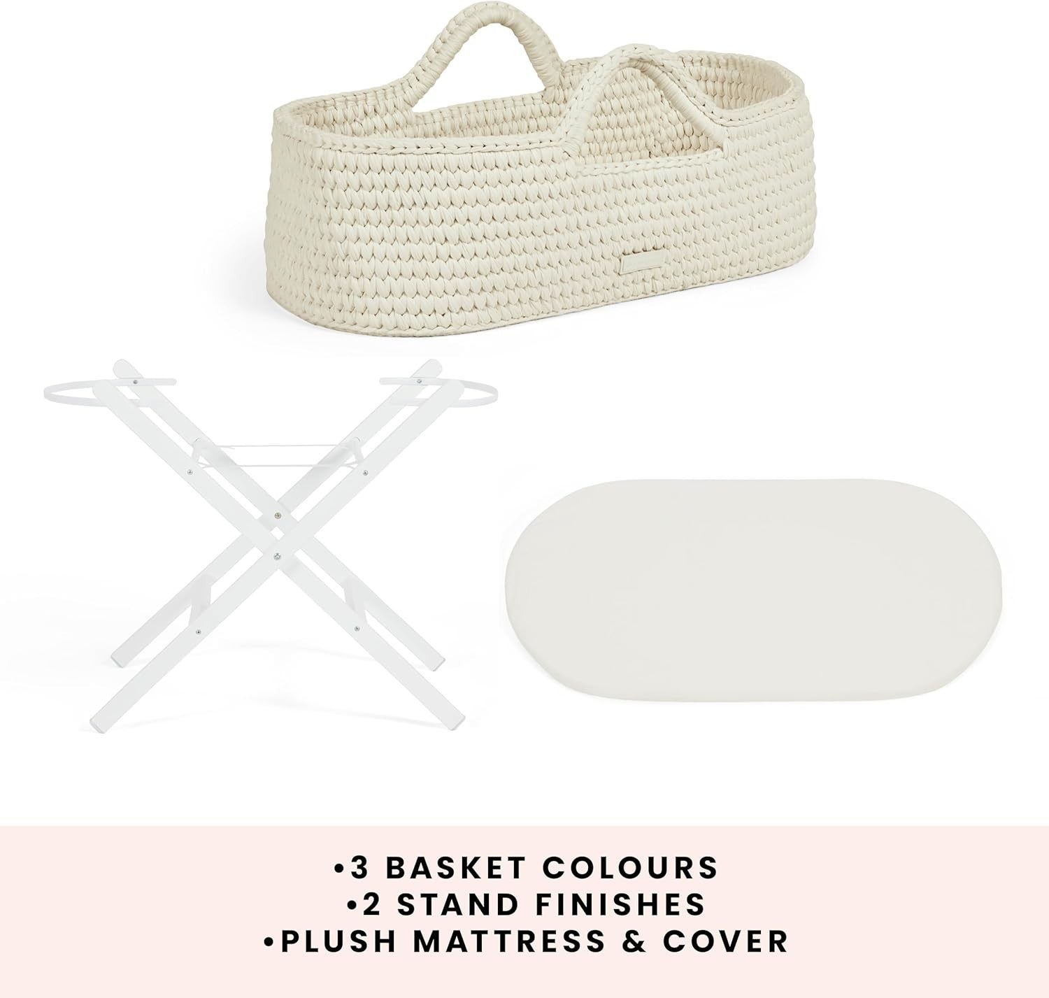 Crochet Moses Basket with Foldable Stand & Mattress Lightweight Portable