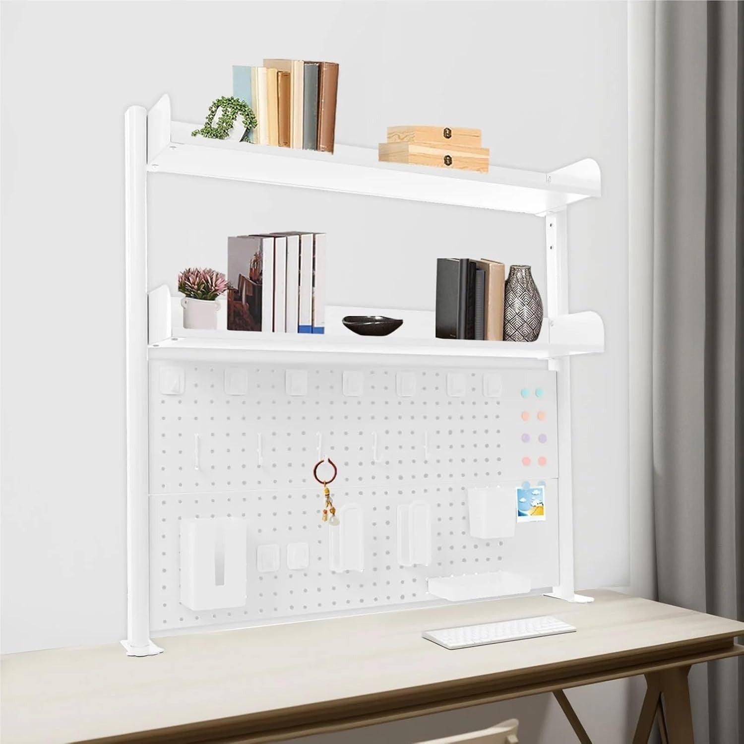 Clamp-On Desk Shelf 2-Tier Pegboard Adjustable Desktop Organizer White
