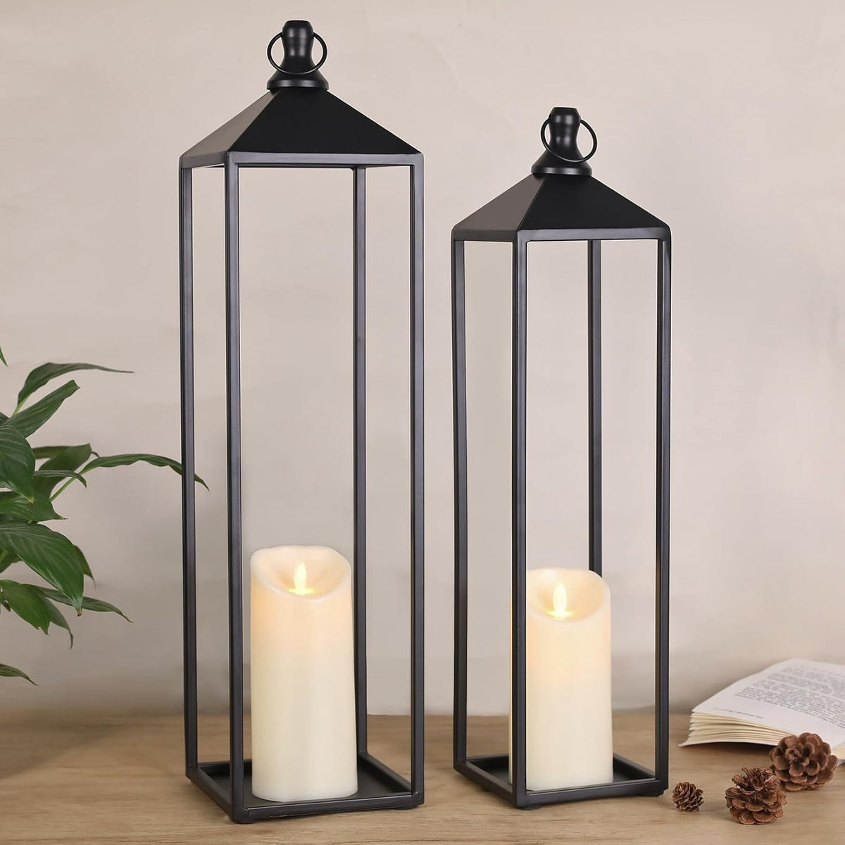 2 Pack Large Black Metal Candle Lanterns Outdoor
