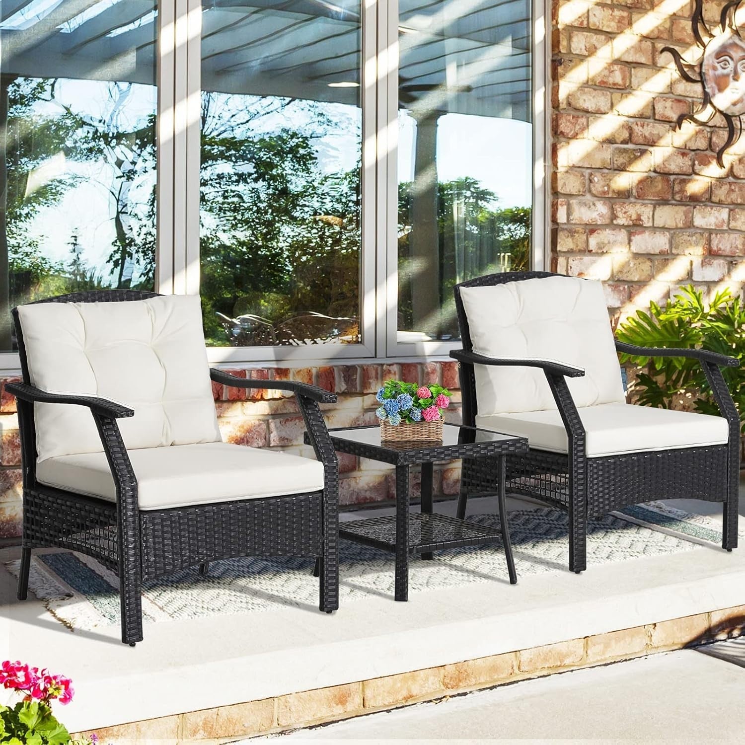 Outdoor Rattan Bistro Set 3-Piece Patio Sofa Table Chairs Cushions Garden