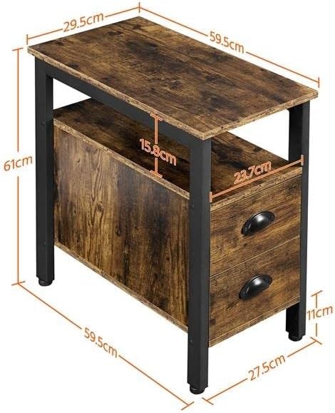 Slim Rustic Bedside Tables Set of 2 | Industrial 2-Drawer Nightstands 61×29.5×59